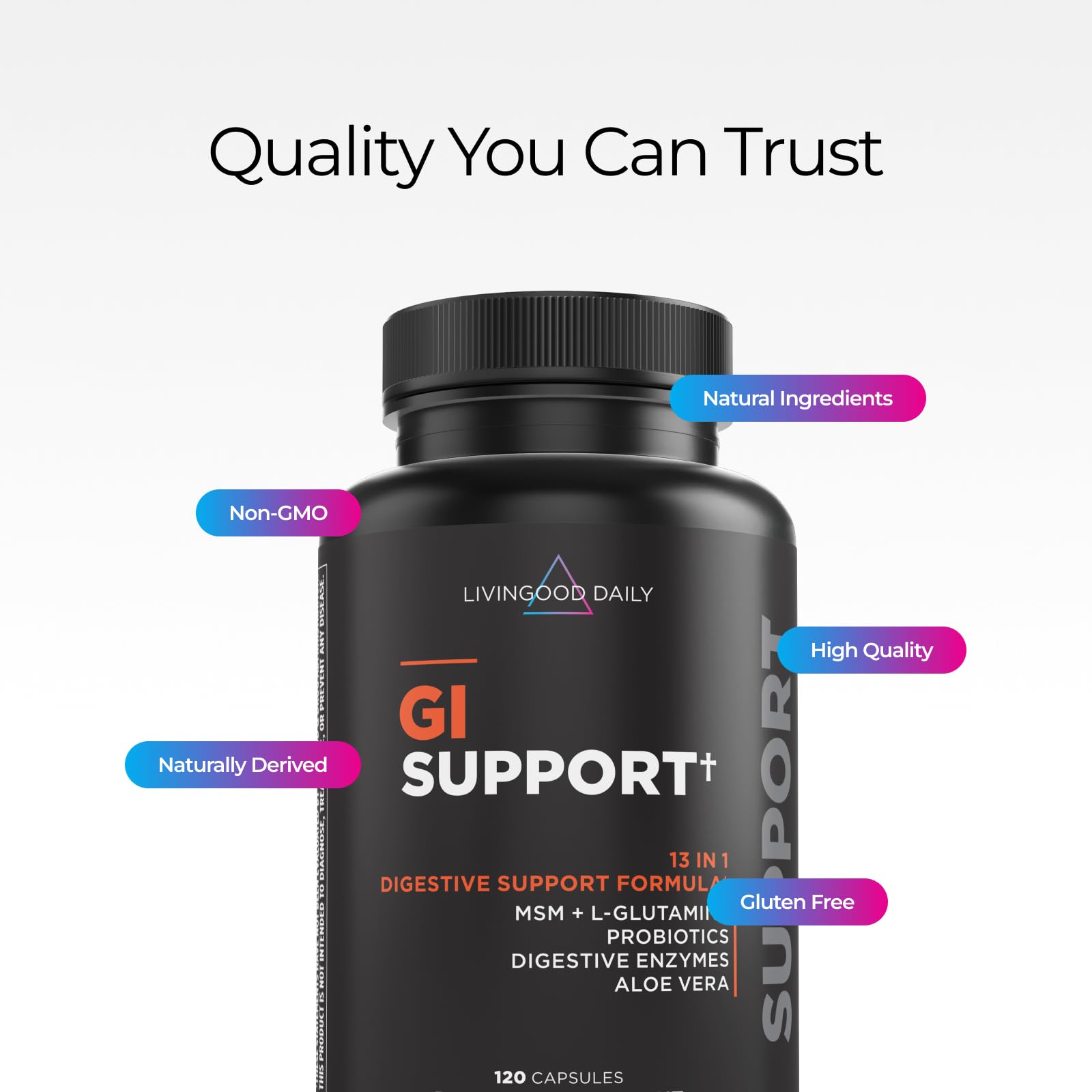 Livingood Daily GI Support L-Glutamine capsules in hand