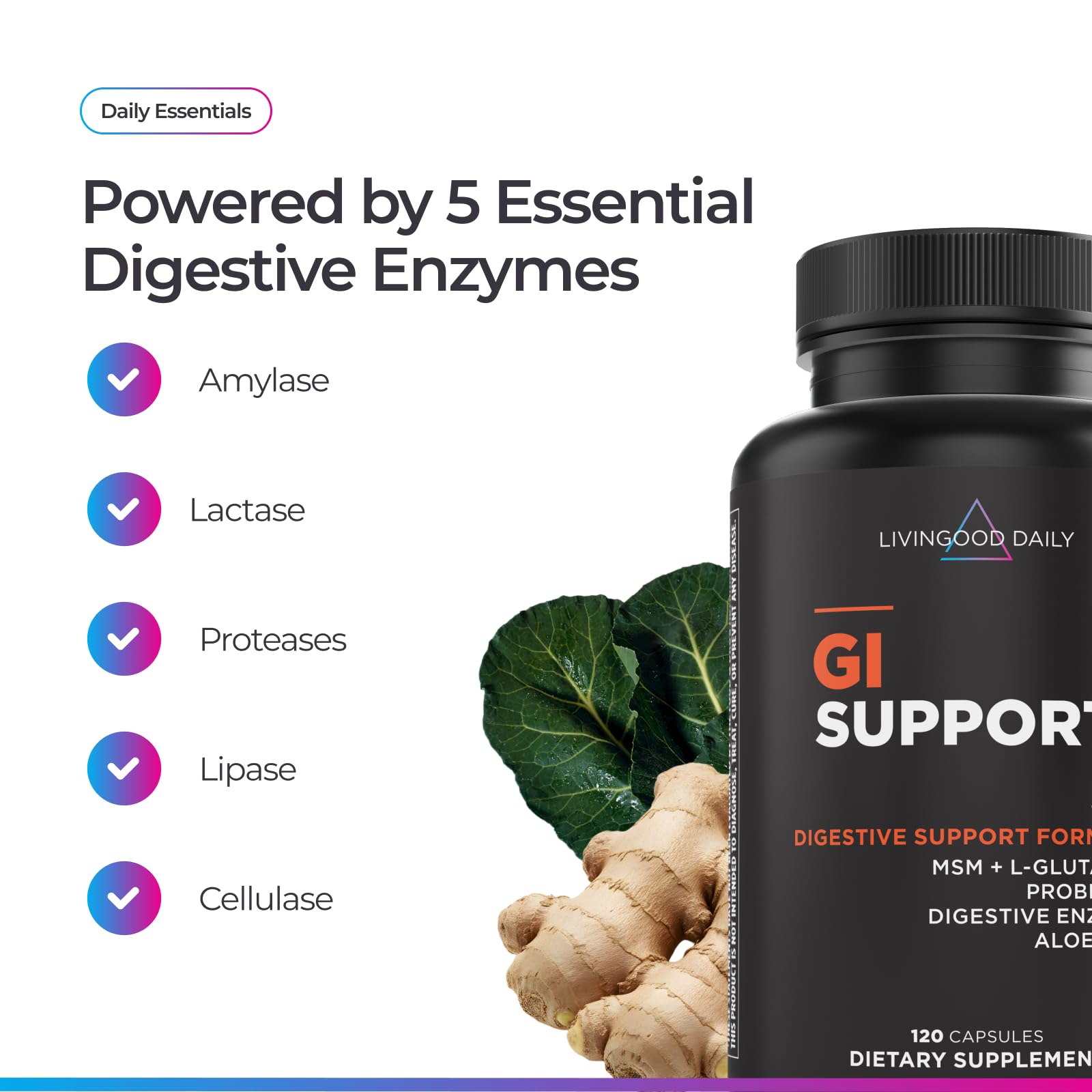 Livingood Daily GI Support L-Glutamine capsules on a table