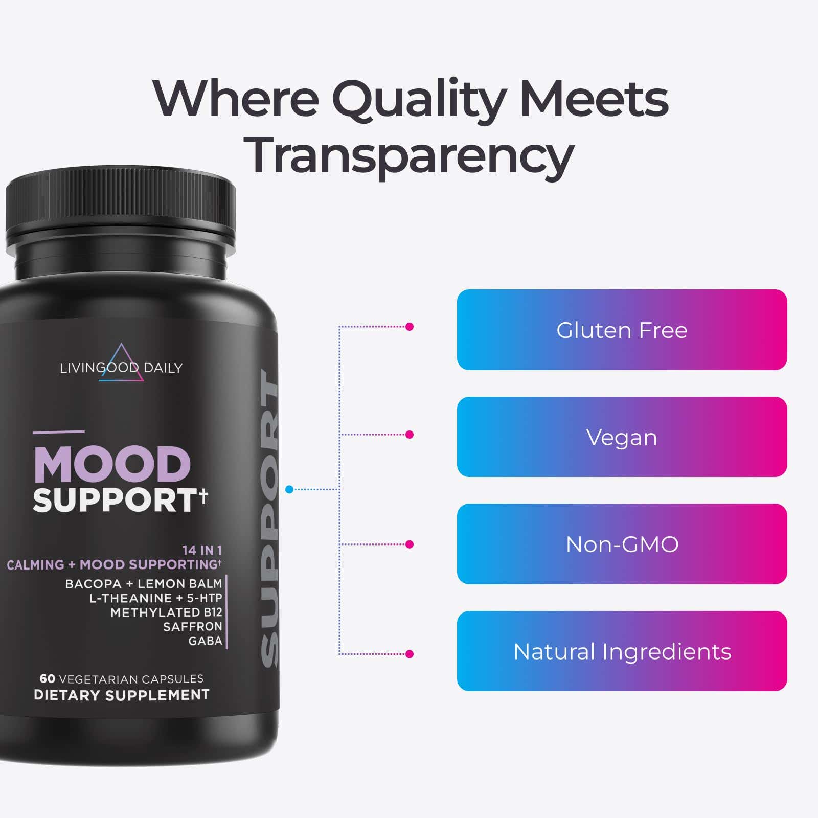 Livingood Daily Mood Support Supplement capsules on a wooden surface