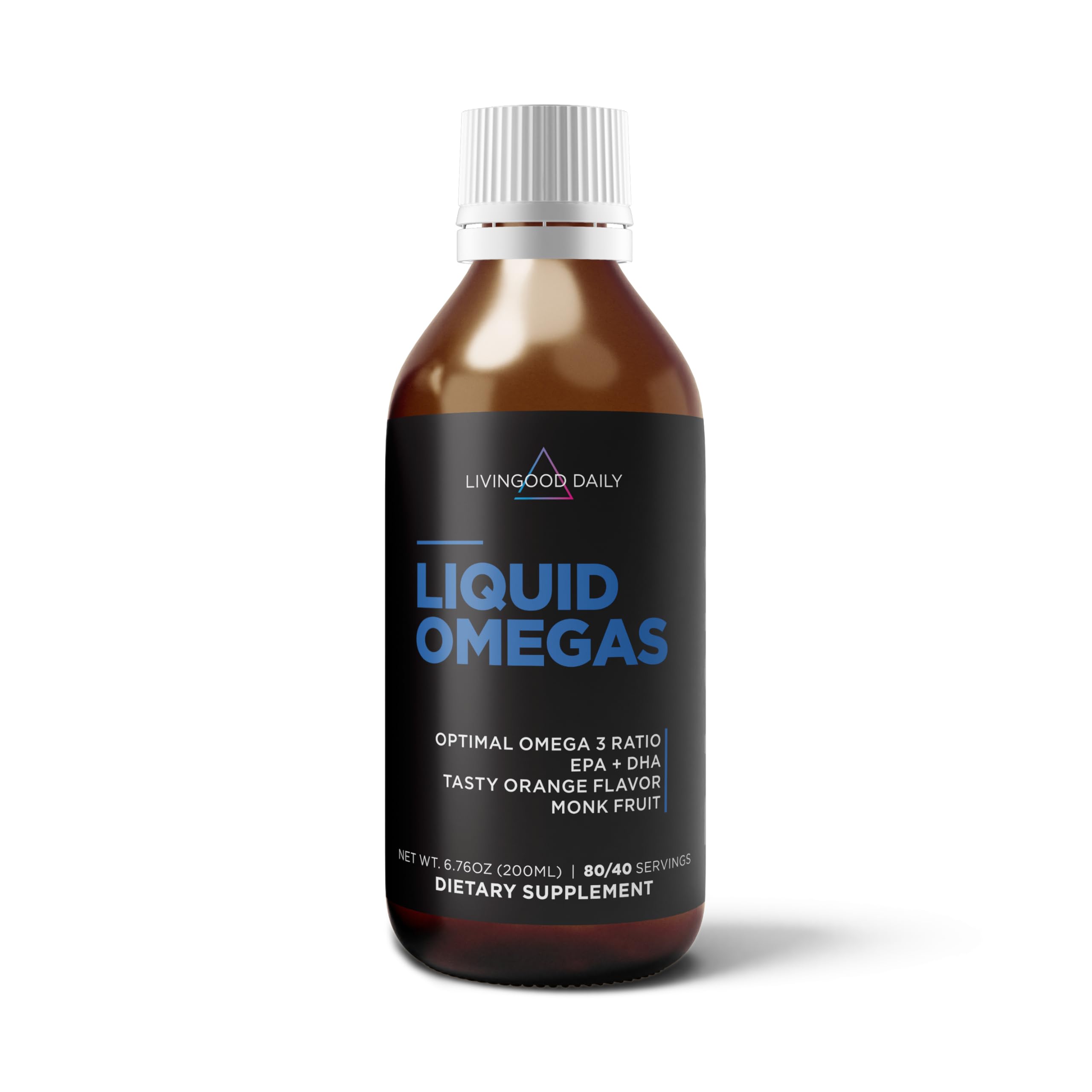Livingood Daily Omega-3 Liquid Supplement front view, natural orange flavour