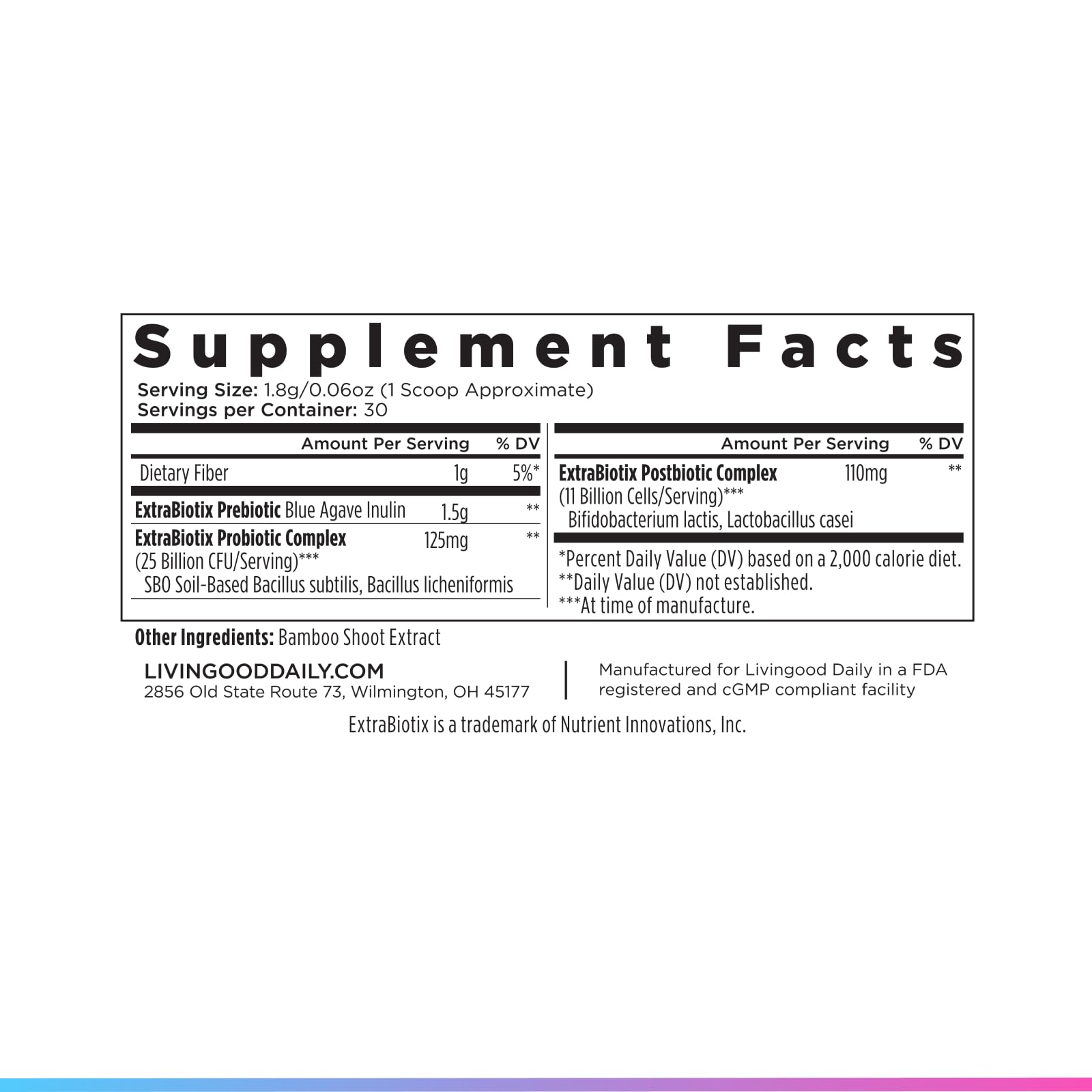 Livingood Daily Pre Pro Post Biotics Blend with a glass of water