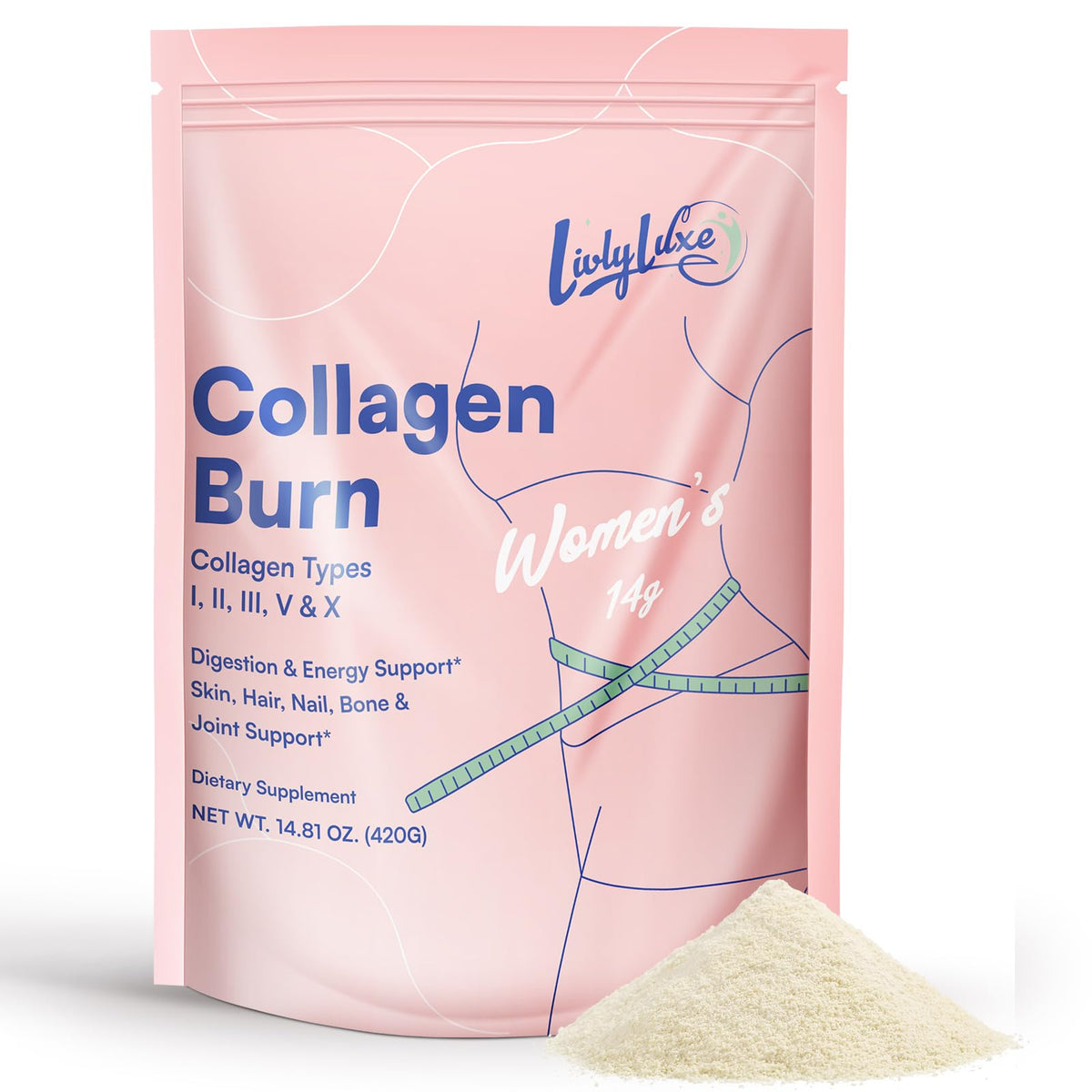 LivLyLuxe Multi Collagen Powder 440g front view with packaging
