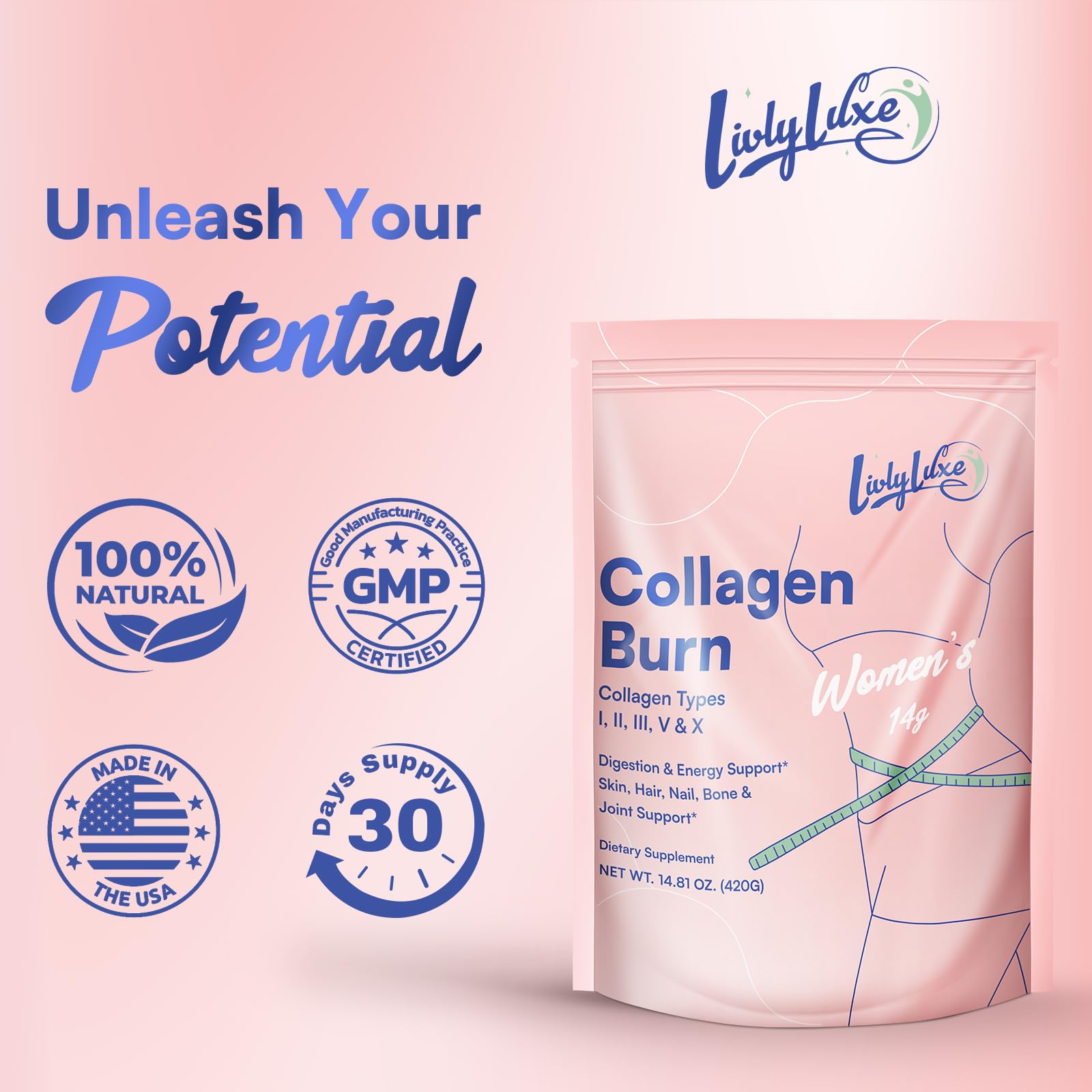 LivLyLuxe Multi Collagen Powder 440g with measuring scoop