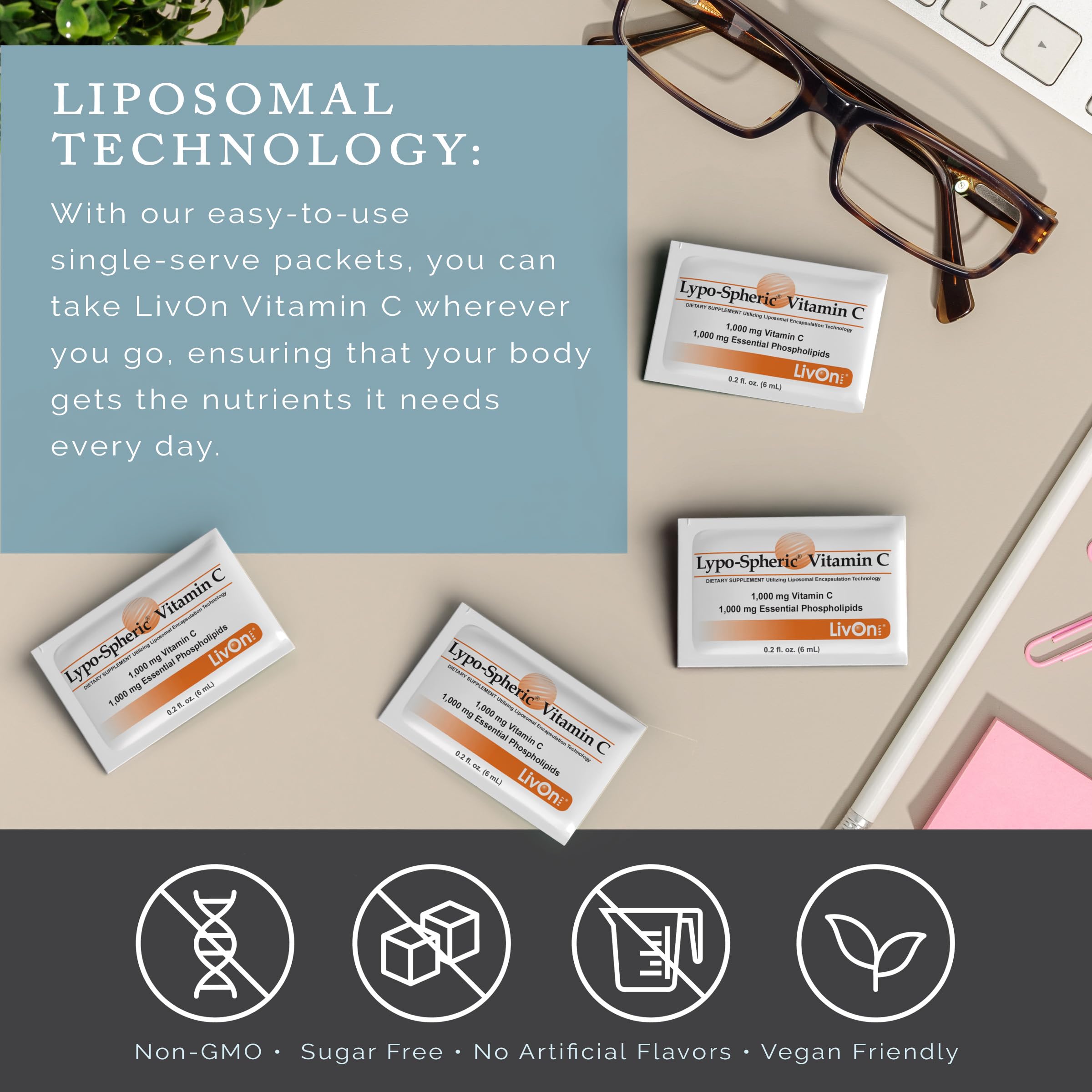LivOn Laboratories Liposomal Vitamin C 14g packet lifestyle scene