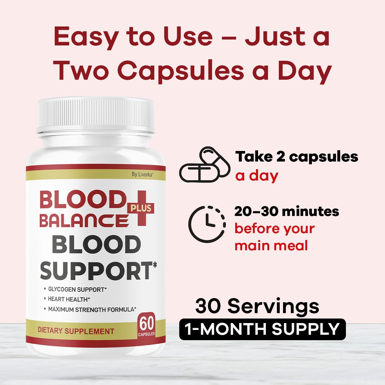 LIVORKA BloodBalance Plus Capsules open bottle showing capsules