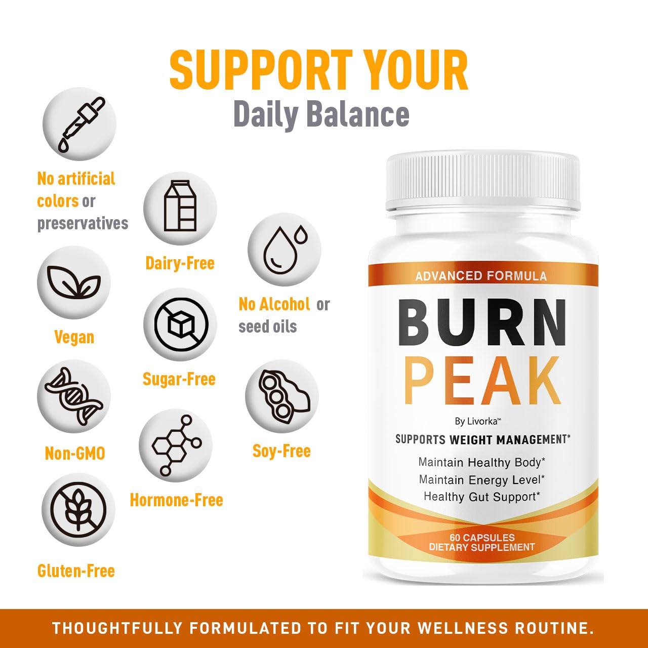 LIVORKA Burn Peak Daily Supplement bottle with glass of water