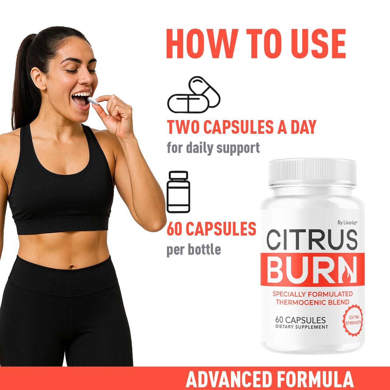 LIVORKA Citrus Burn Capsules opened bottle with capsules