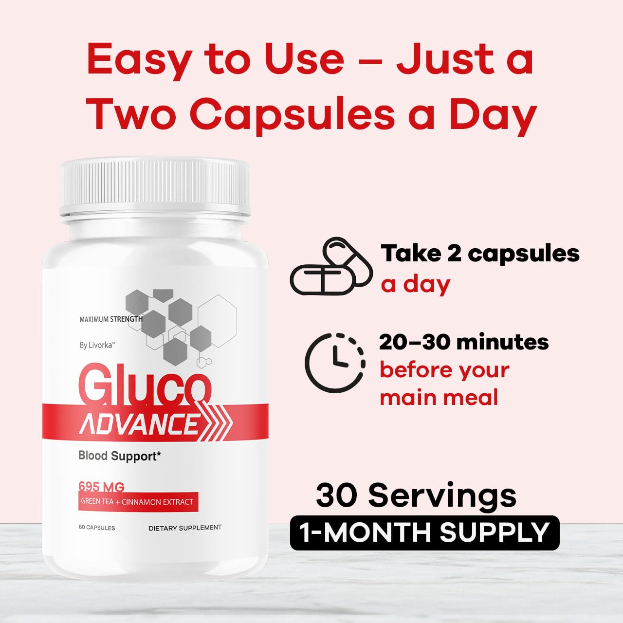 LIVORKA Gluco Advance 695 mg Capsules on a wooden table