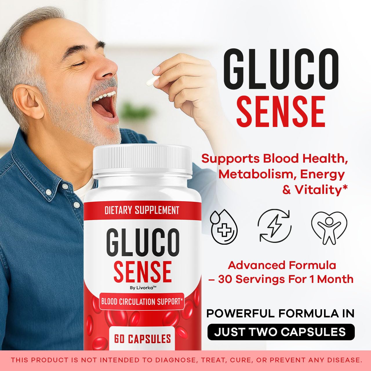 LIVORKA GlucoSense 695 mg Capsules side view showing label