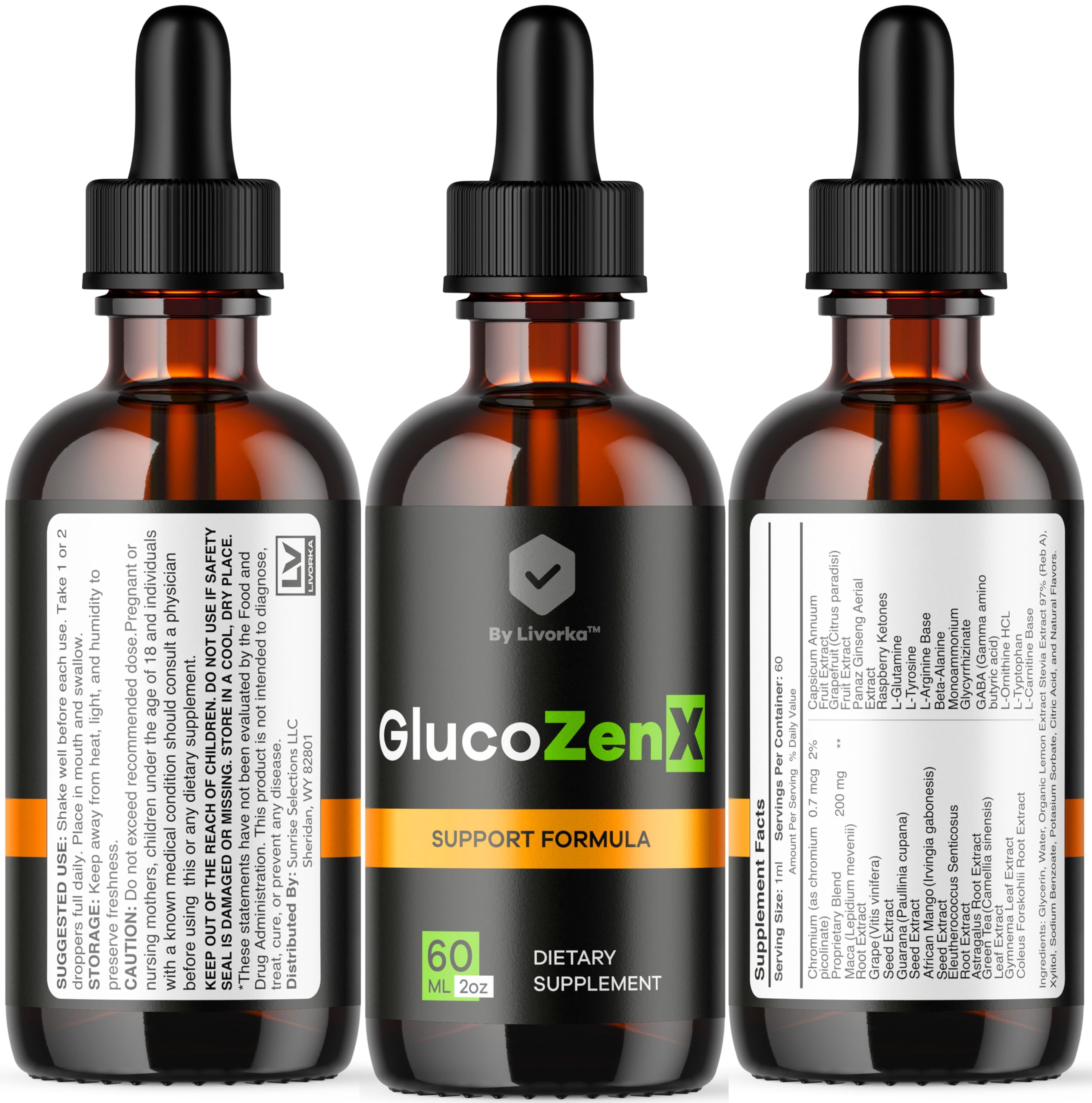 LIVORKA GlucoZenX Drops 170g on a table with other supplements