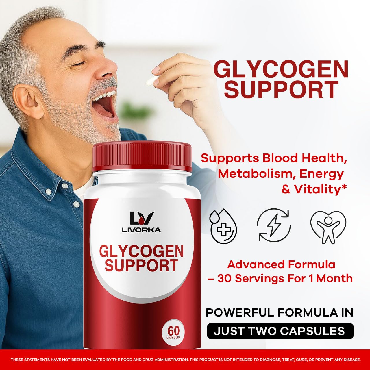 LIVORKA Glycogen Capsules side view showing dosage