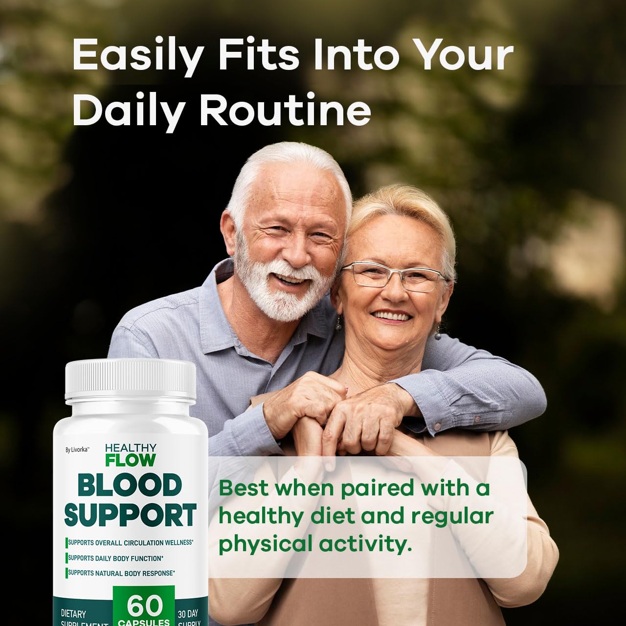 LIVORKA Healthy Flow Blood Capsules 695 mg bottle on table