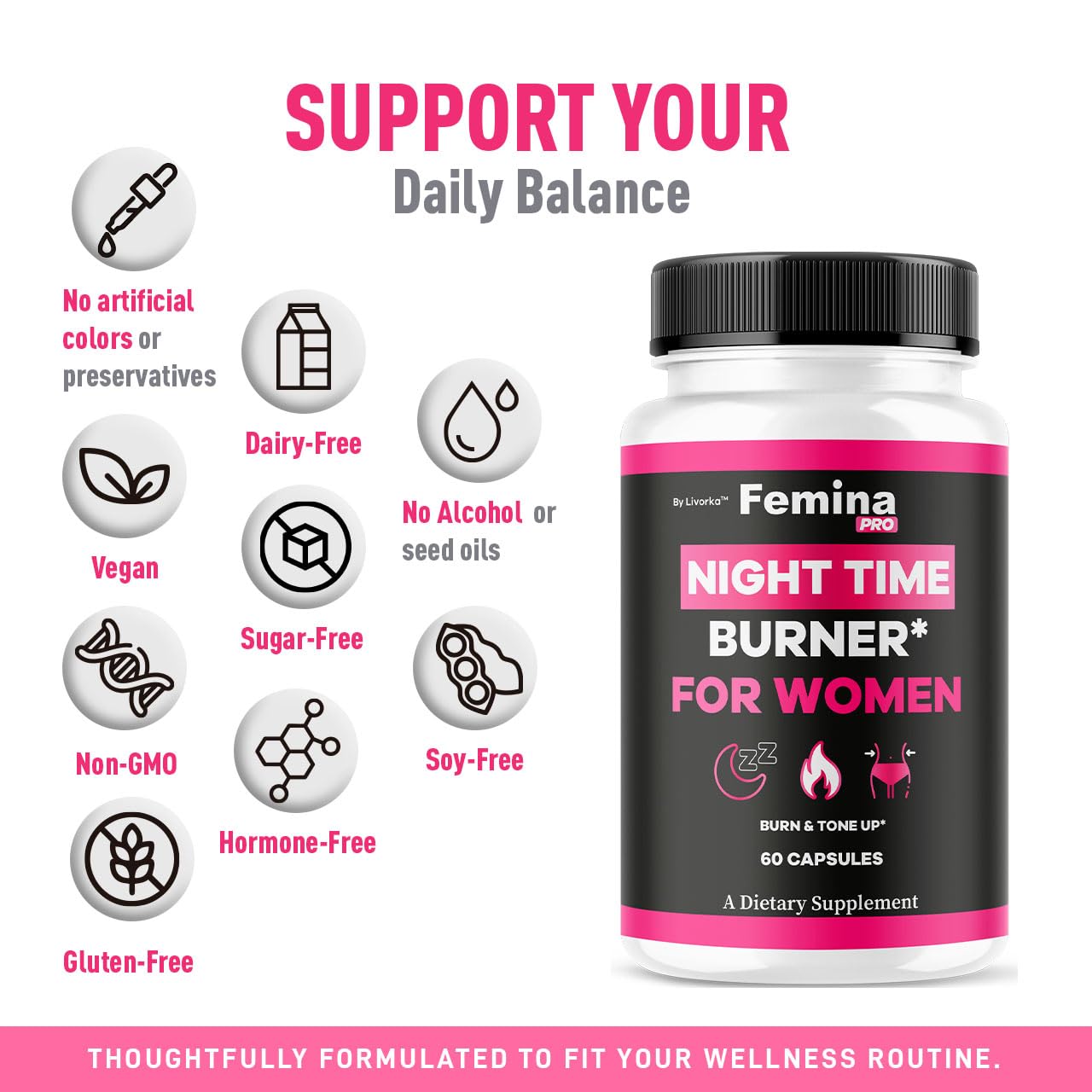 LIVORKA Night-Time Wellness Support Capsules on a wooden table