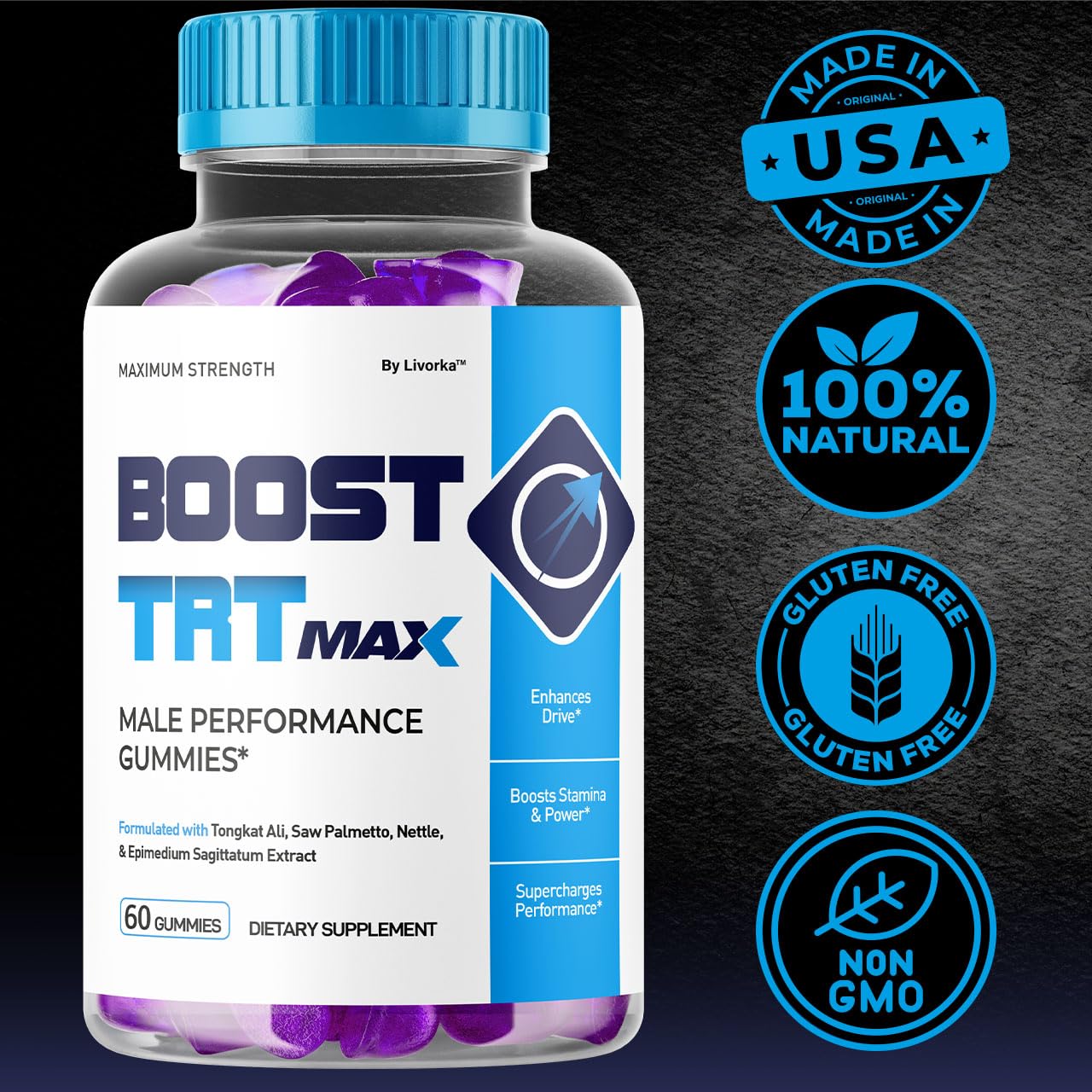 LIVORKA support TRT Max Gummies bottle with a hand holding a gummy