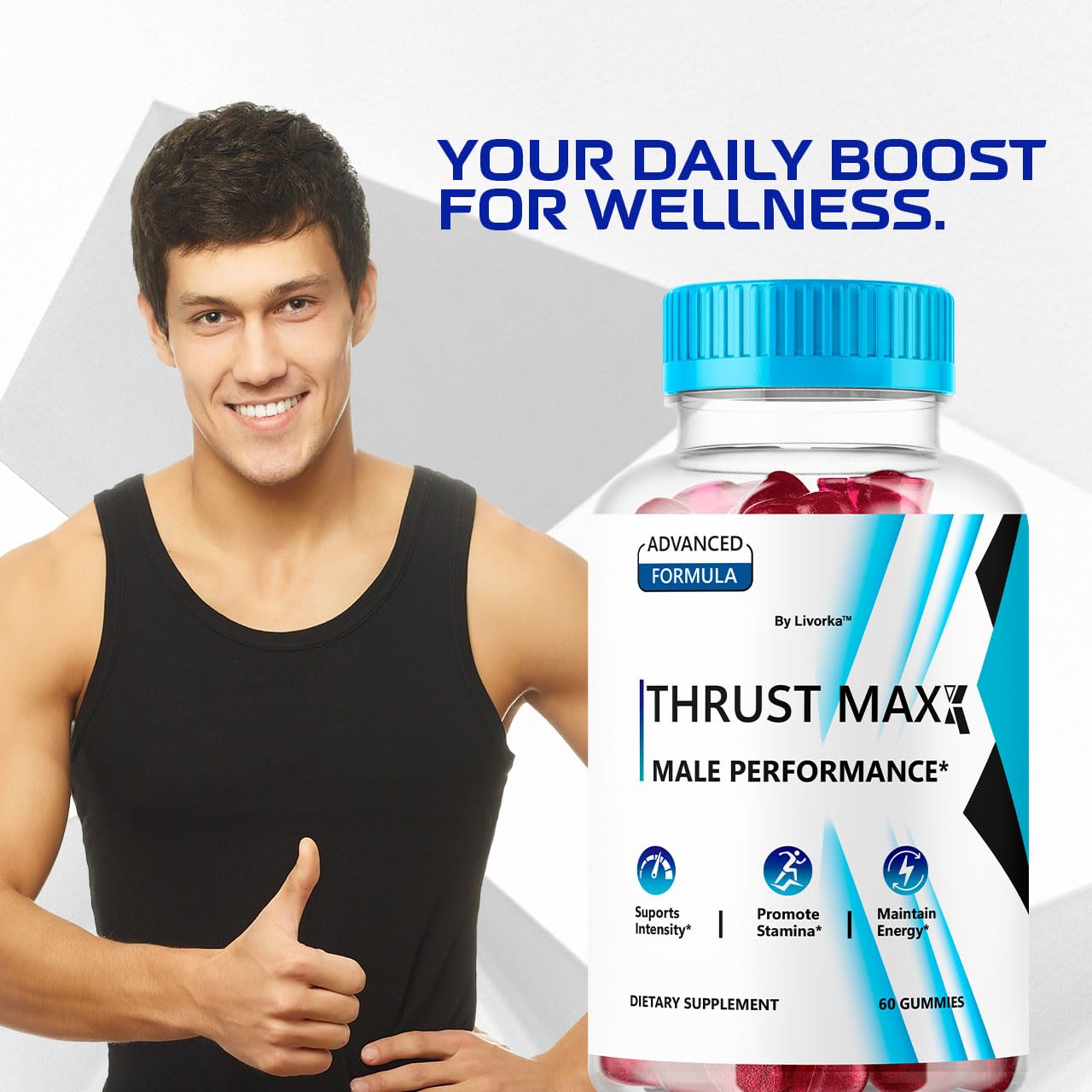 LIVORKA Thrust Maxx Gummies displayed on a wooden table