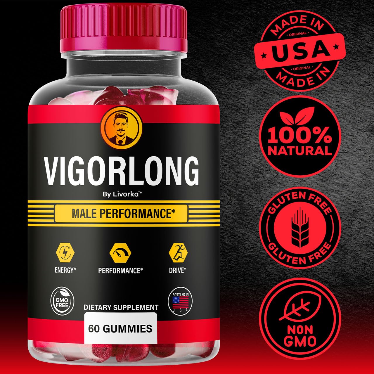 LIVORKA Vigorlong Gummies for Men displayed with other supplements