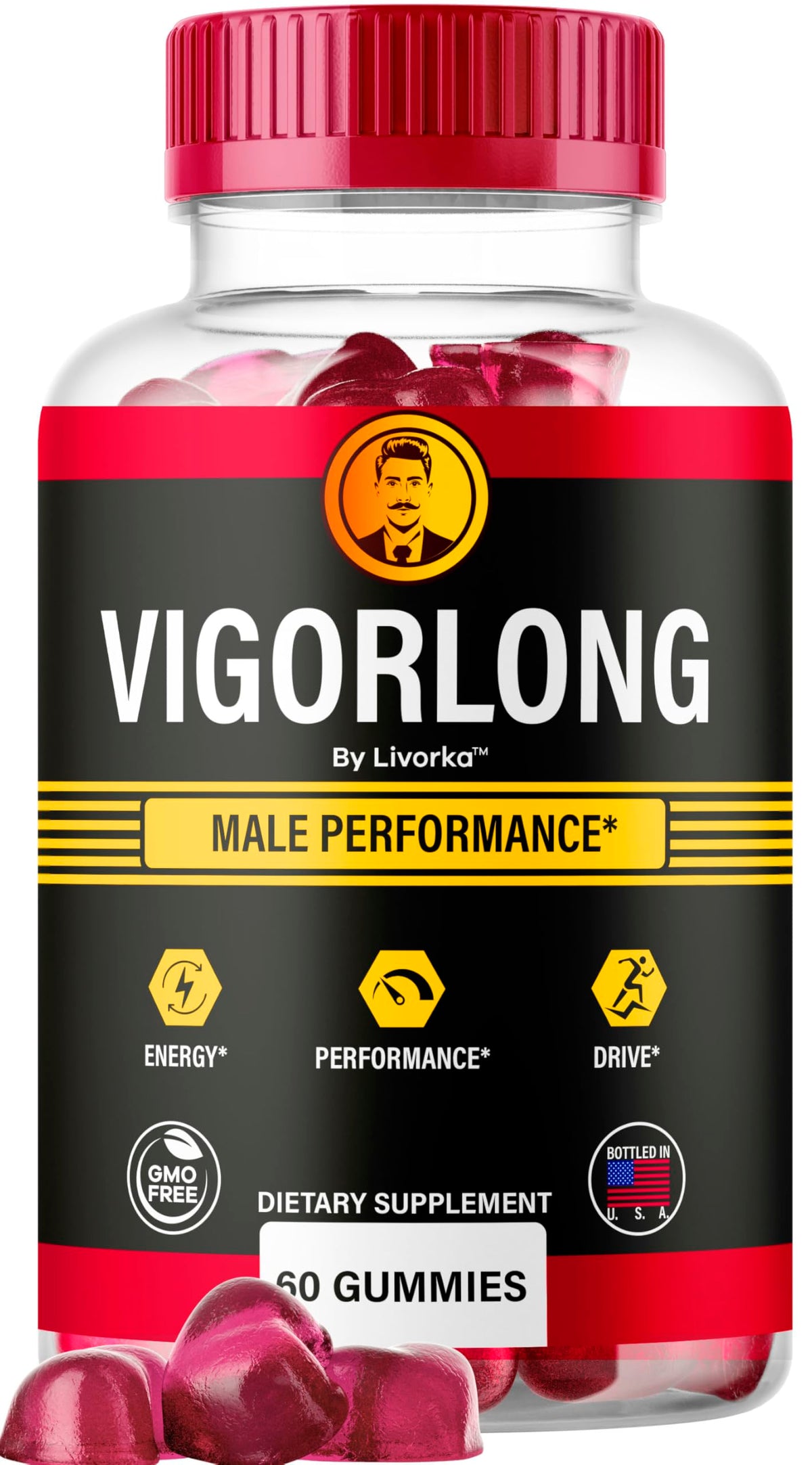 LIVORKA Vigorlong Gummies for Men front view with packaging