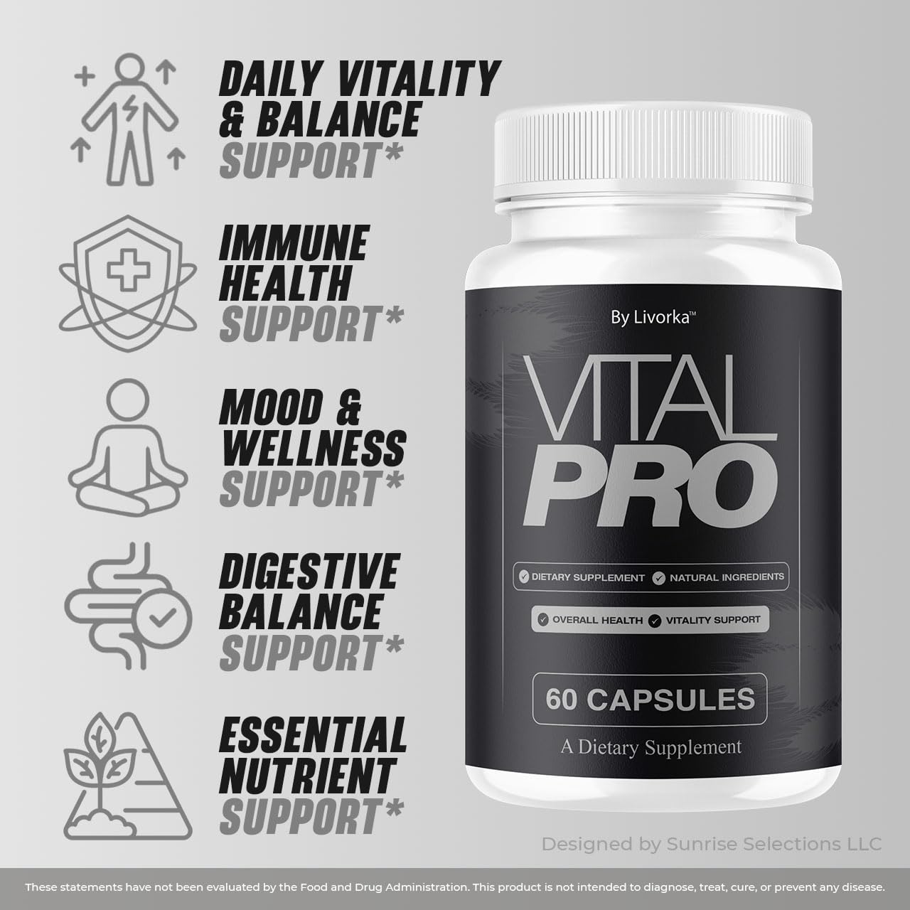 LIVORKA Vital Pro Blended Vitamin & Mineral Supplement capsules on a wooden surface