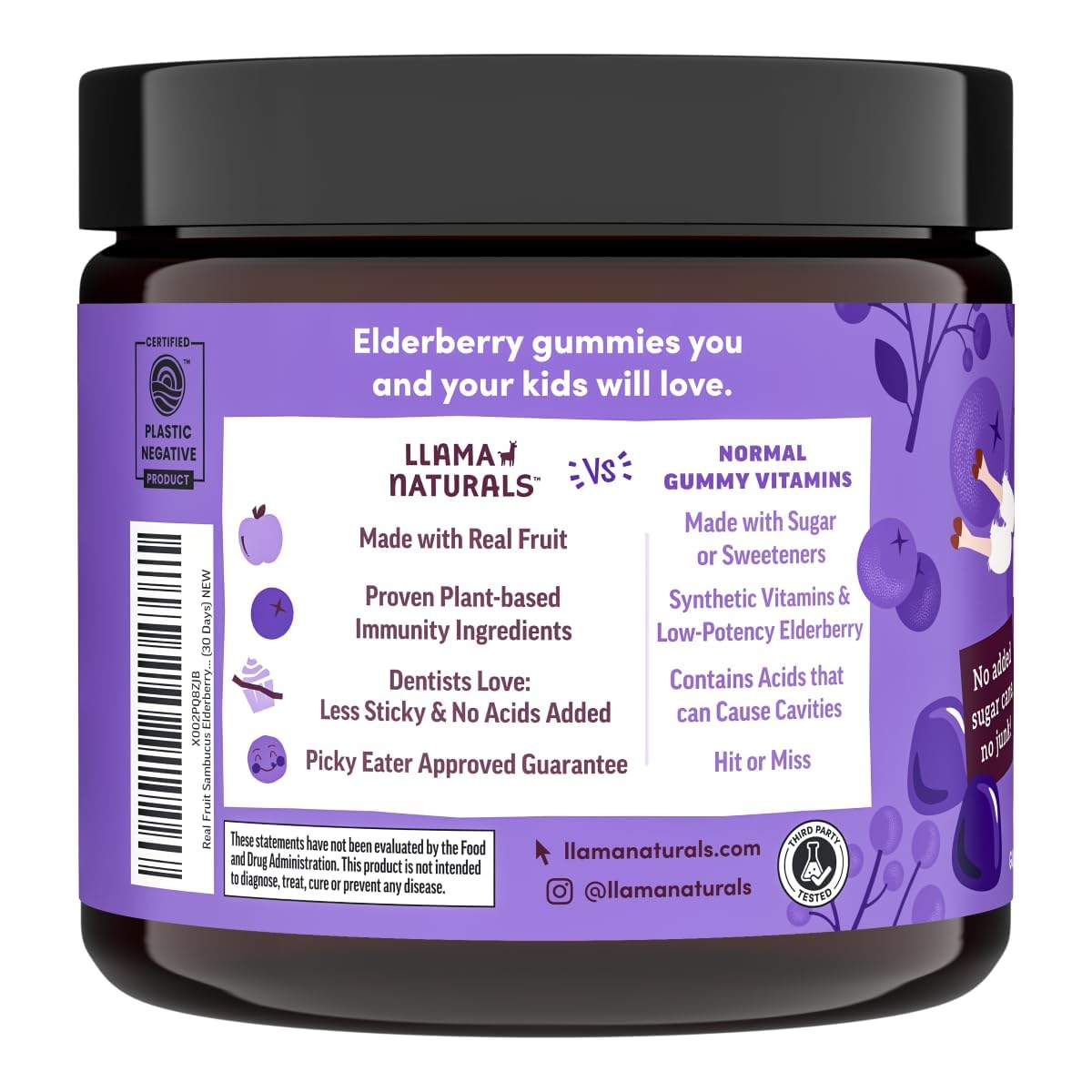 Llama Naturals Elderberry Gummies back view with ingredient list