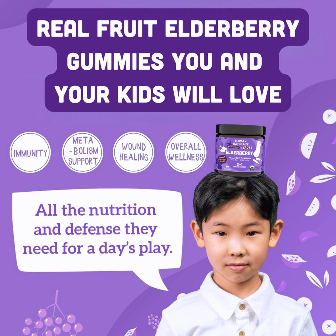 Llama Naturals Elderberry Gummies in a bowl with fruits