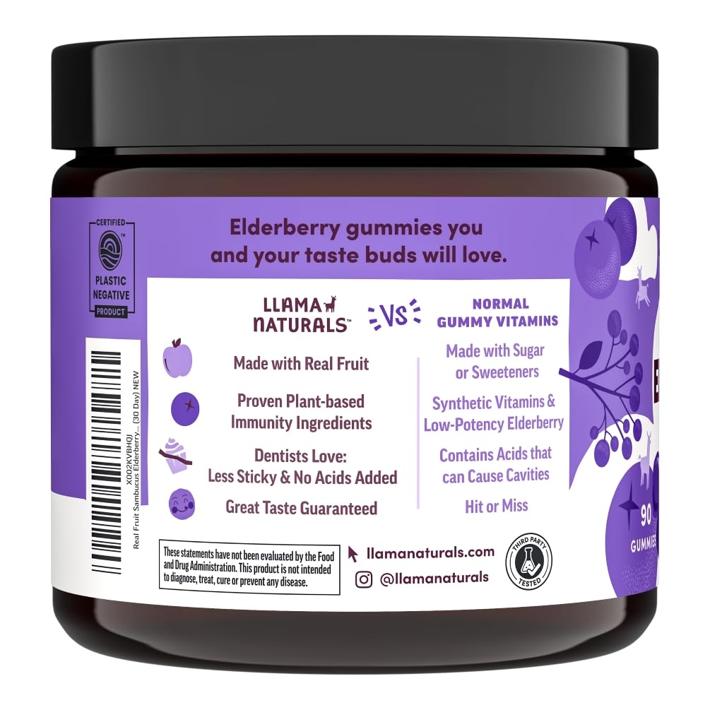 Llama Naturals Elderberry Gummies on a wooden table