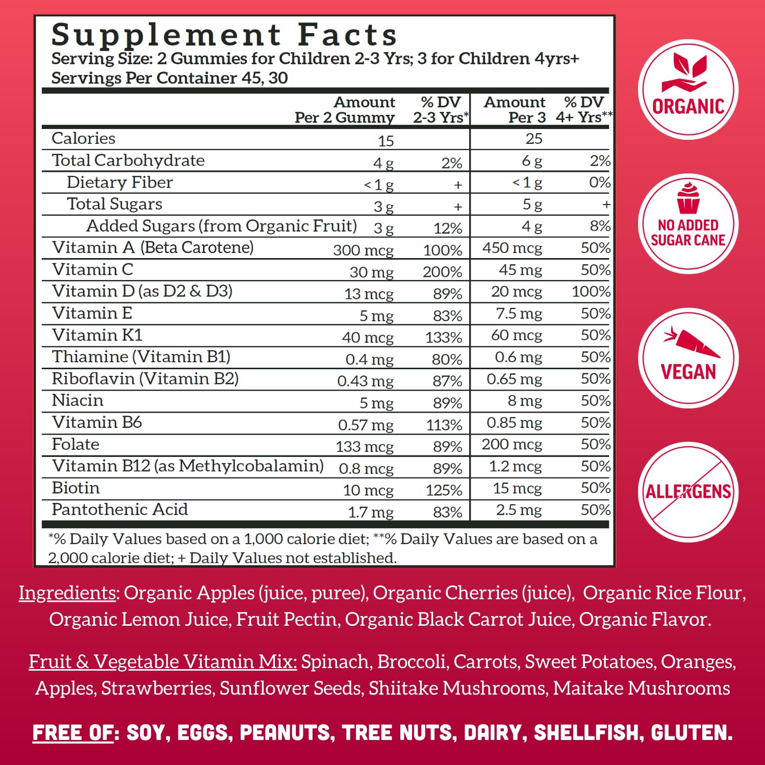 Llama Naturals Kids Multivitamin Gummies ingredients list