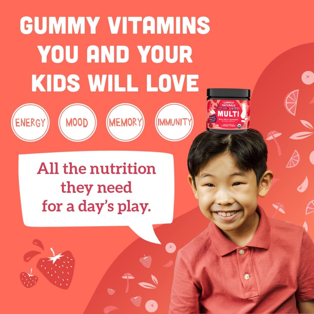Llama Naturals Kids Multivitamin Gummies on a table with fruit