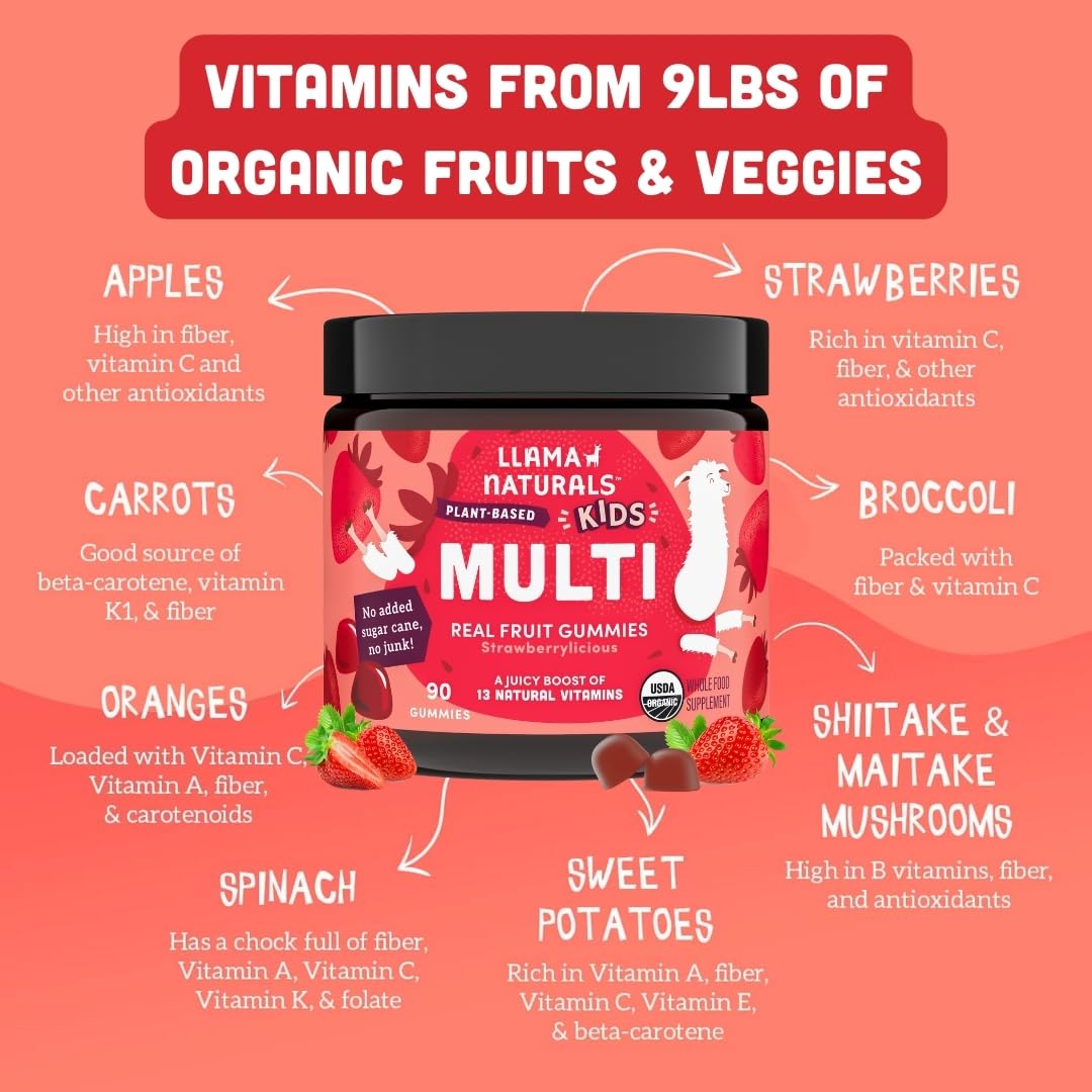 Llama Naturals Kids Multivitamin Gummies side view with ingredients