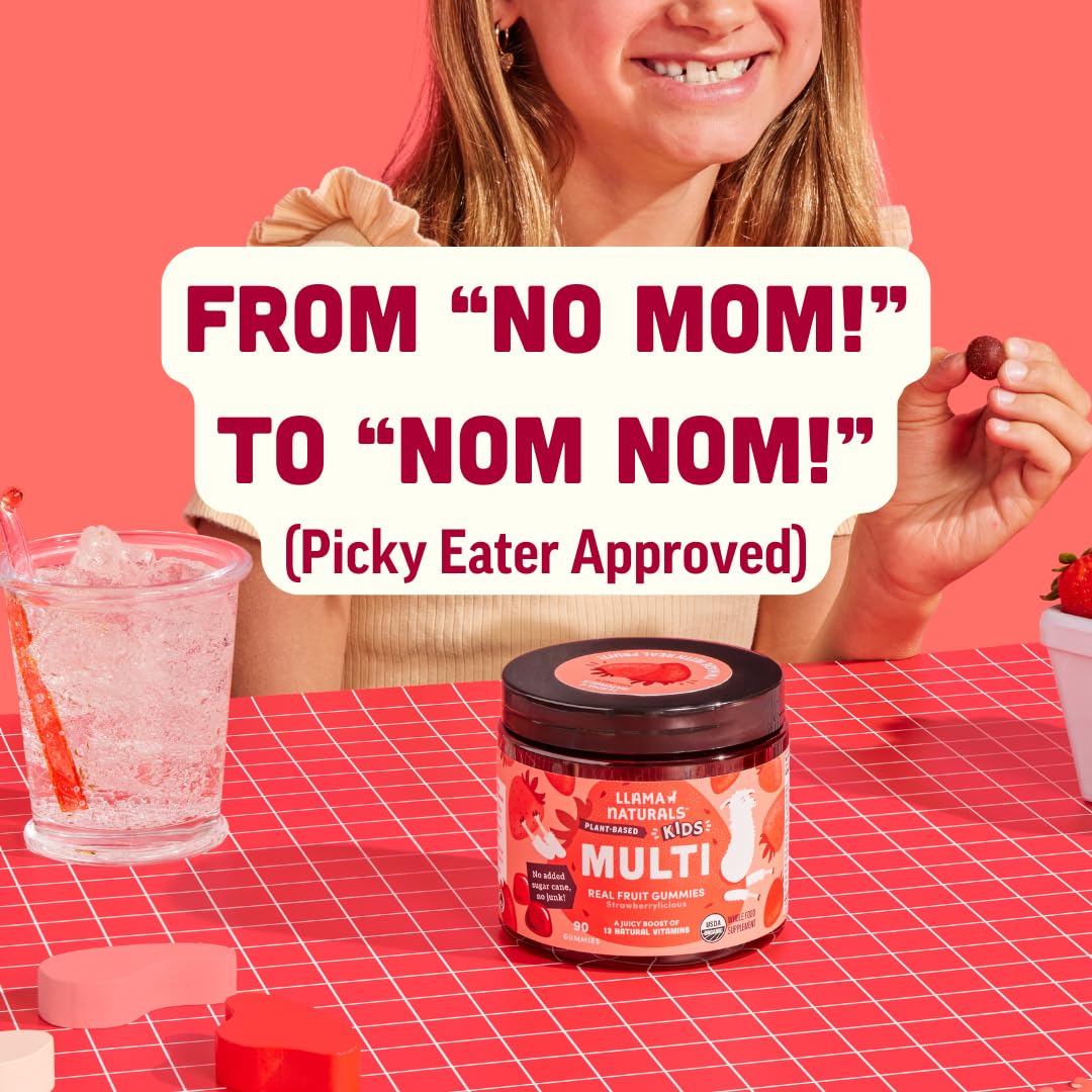 Llama Naturals Kids Multivitamin Gummies with a measuring spoon