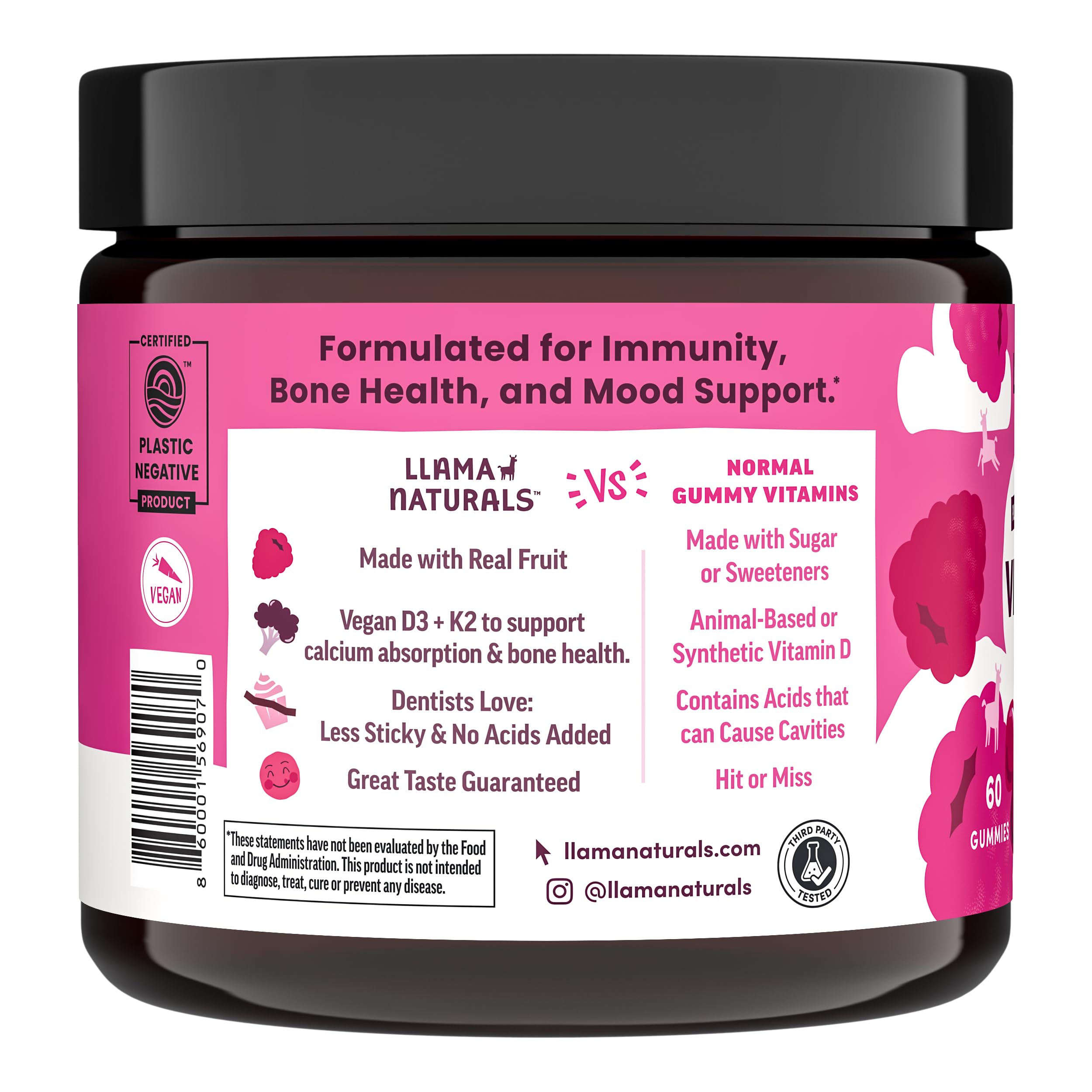 Llama Naturals Vitamin D3 + K2 Gummies close-up of raspberry flavour