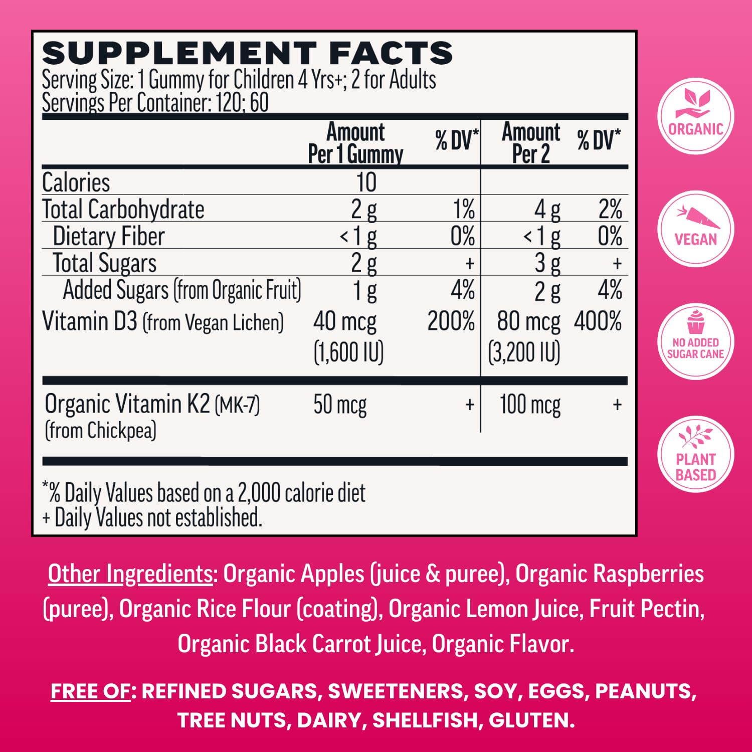Llama Naturals Vitamin D3 + K2 Gummies showing organic fruit ingredients