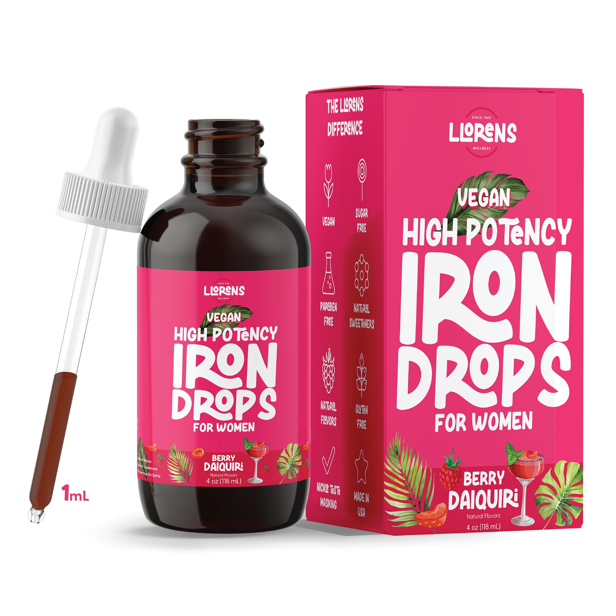LLORENS PHARMACEUTICAL Iron Drops front view with Berry Daiquiri flavour bottle