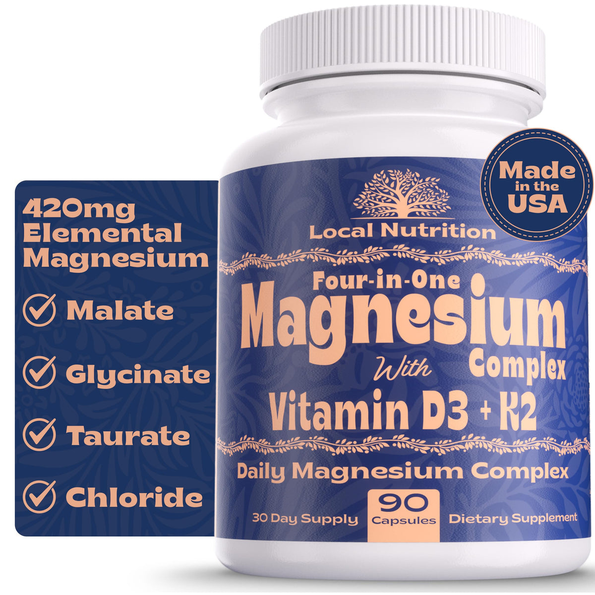 Local Nutrition Magnesium D3 K2 Supplement 90 Capsules front view