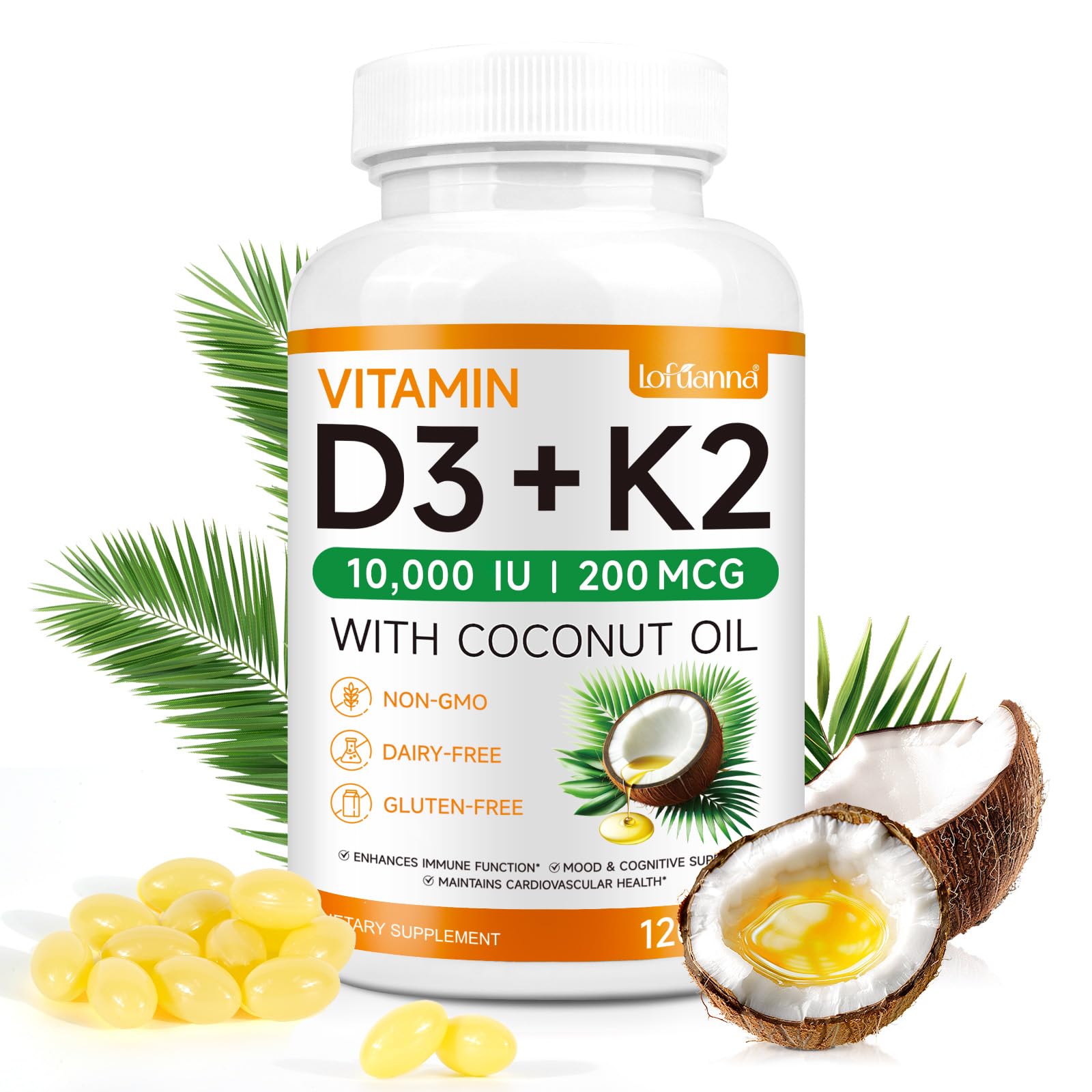 lofuanna Vitamin D3 K2 softgels 120 count bottle front view