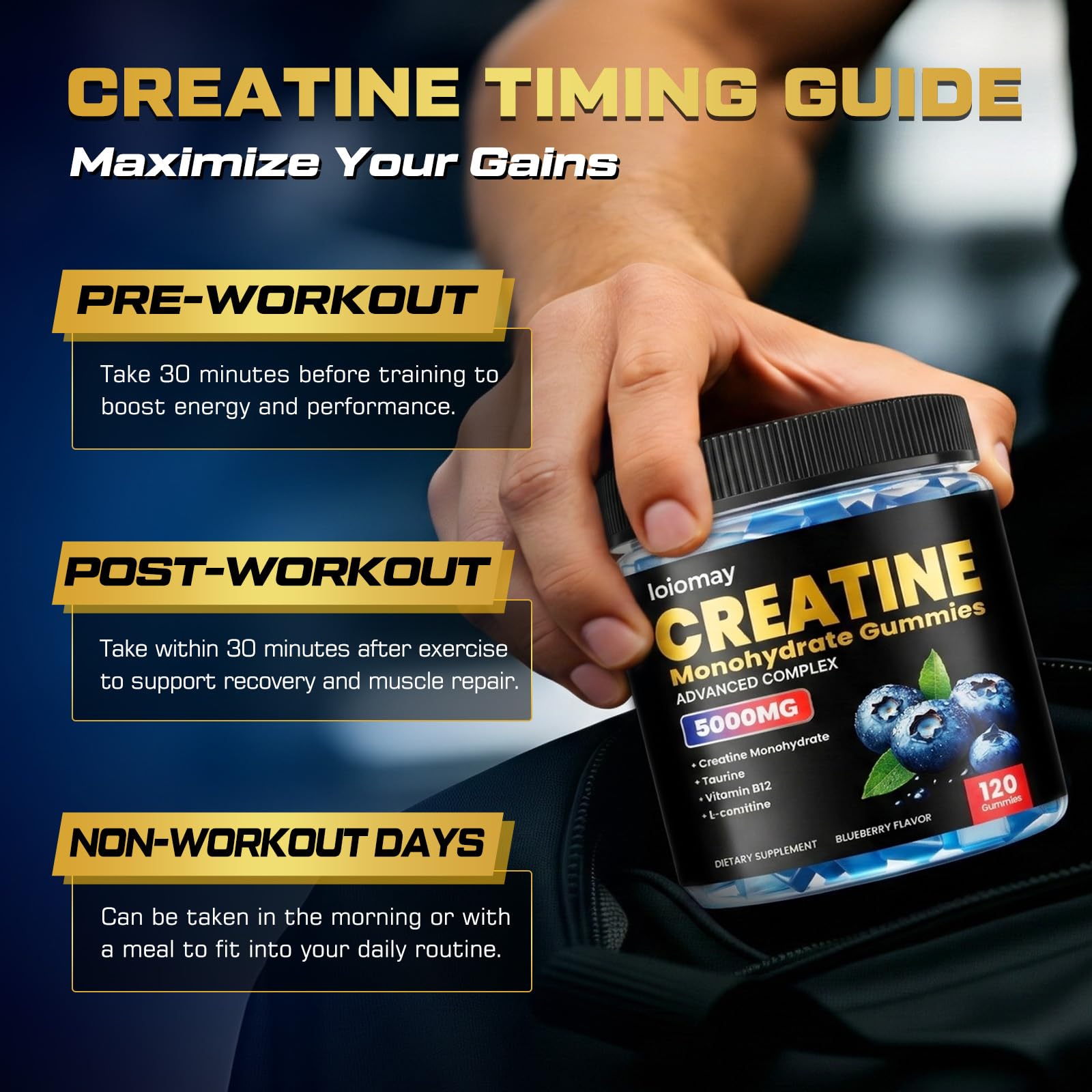 loiomay Creatine Monohydrate Gummies displayed with fitness equipment