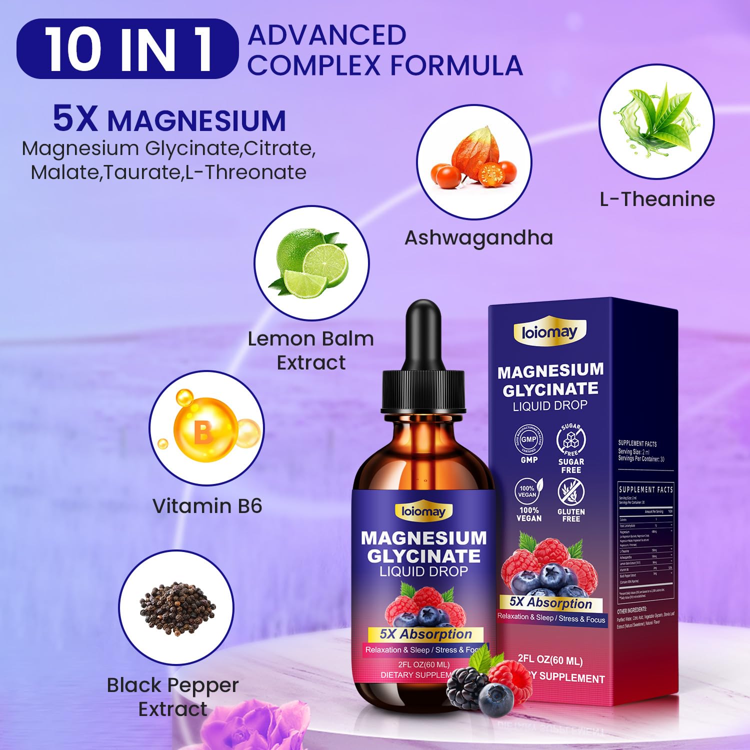 loiomay Magnesium Glycinate 5-in-1 Complex Liquid dropper