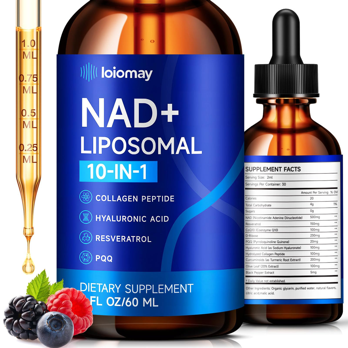loiomay NAD+ Resveratrol Liquid Supplement 500mg 60ml bottle front view