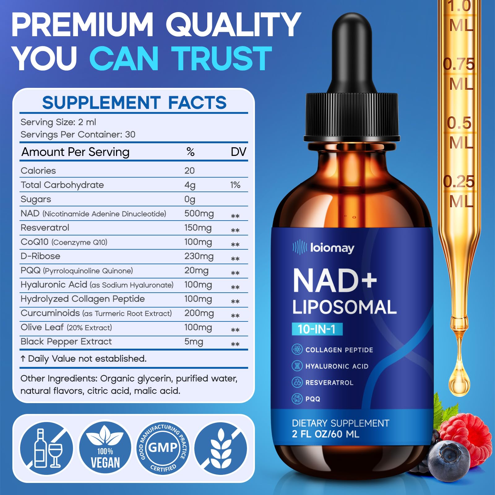 loiomay NAD+ Resveratrol Liquid Supplement 500mg 60ml bottle side view