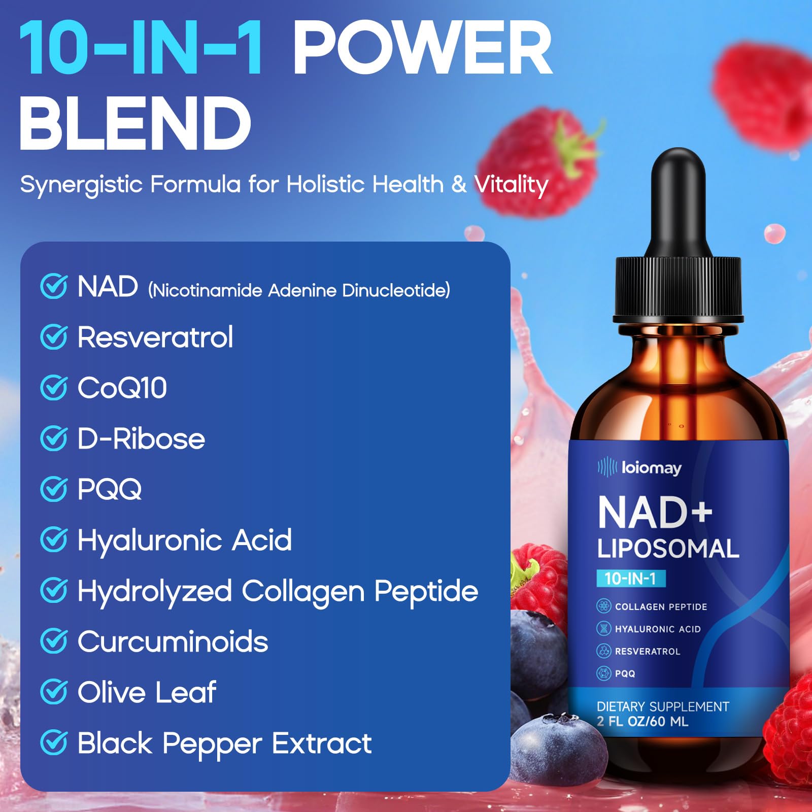 loiomay NAD+ Resveratrol Liquid Supplement 500mg 60ml bottle with ingredients