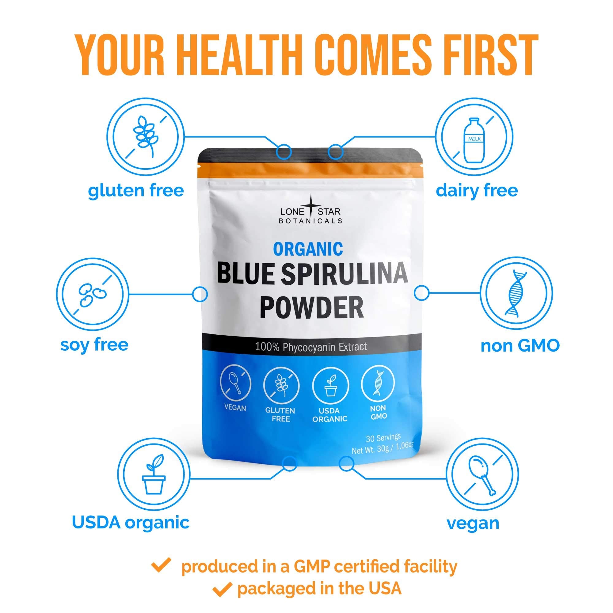 Lone Star Botanicals Organic Blue Spirulina Powder on a kitchen counter