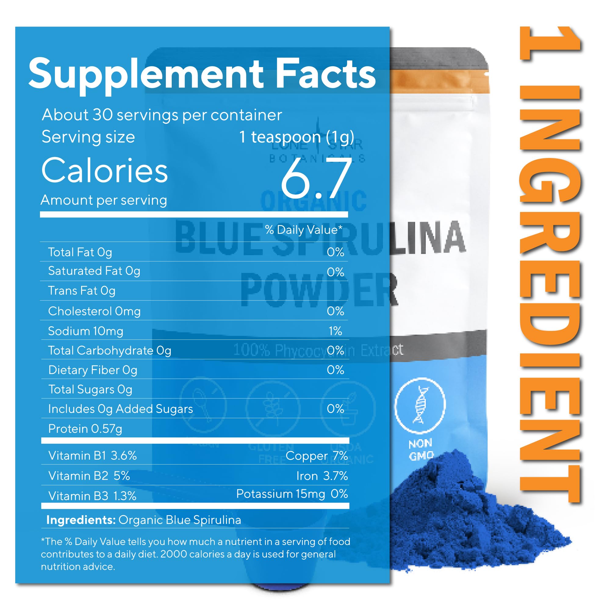 Lone Star Botanicals Organic Blue Spirulina Powder scoop with powder