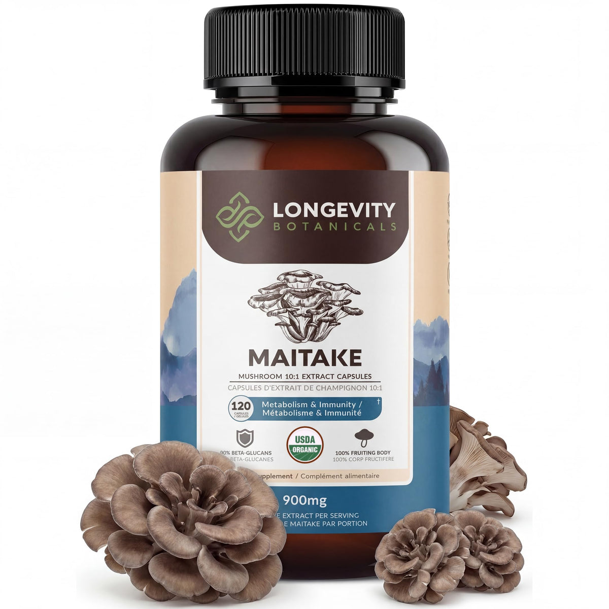 Longevity Botanicals Maitake Mushroom Extract Capsules bottle front view