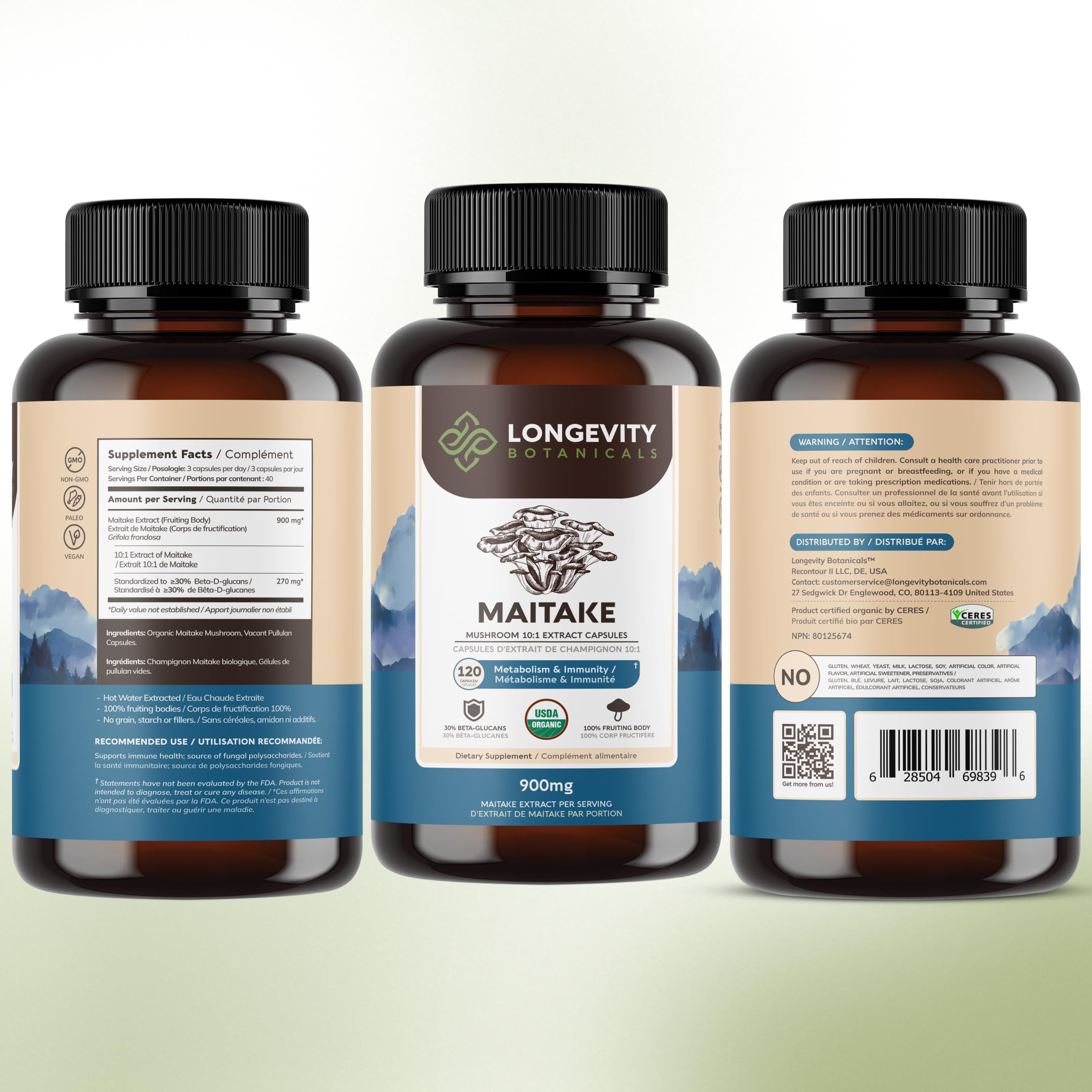 Longevity Botanicals Maitake Mushroom Extract Capsules with organic certification