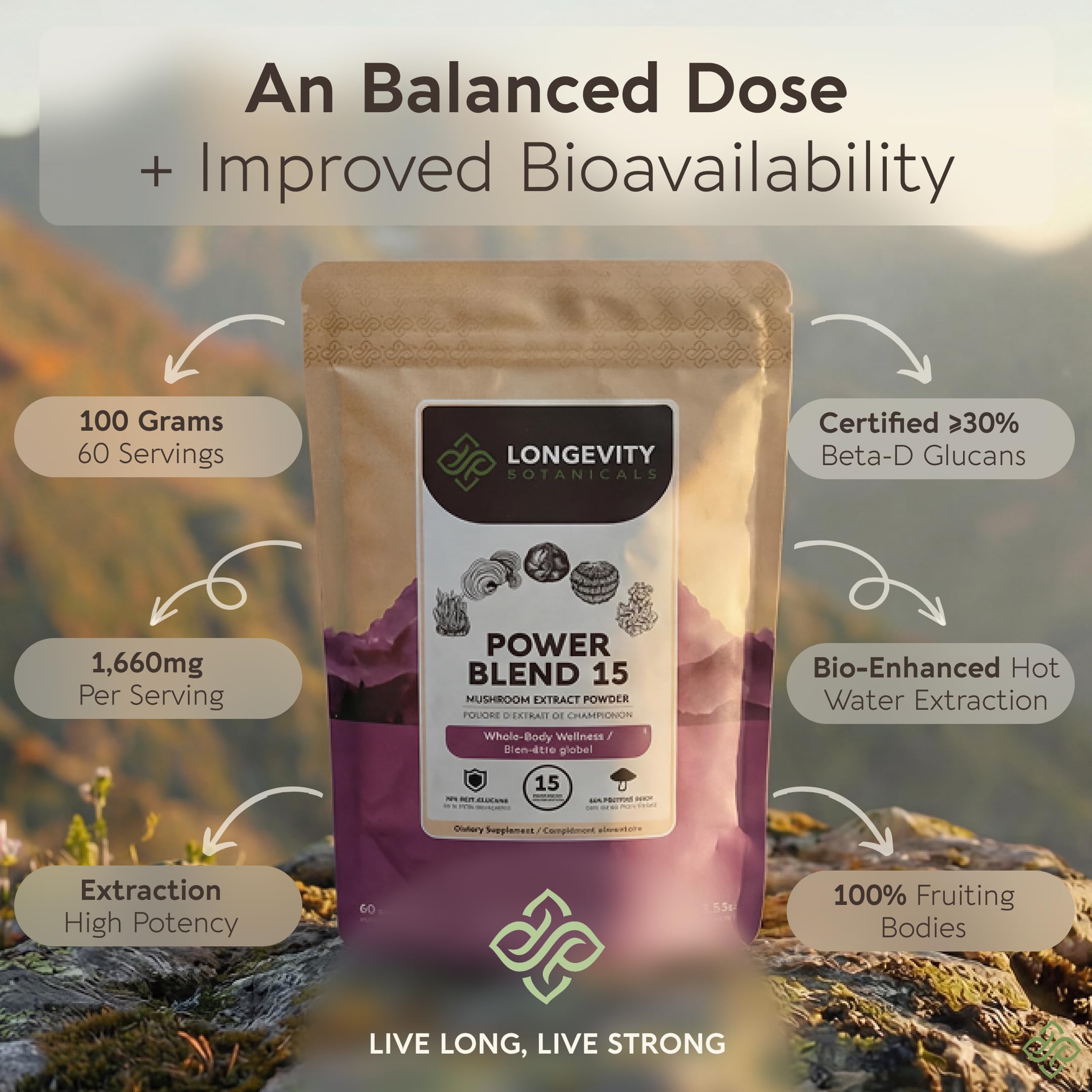Longevity Botanicals Power 15 Mushroom Blend ingredients list