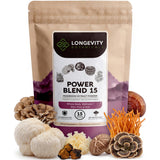 Longevity Botanicals Power 15 Mushroom Blend powder front view