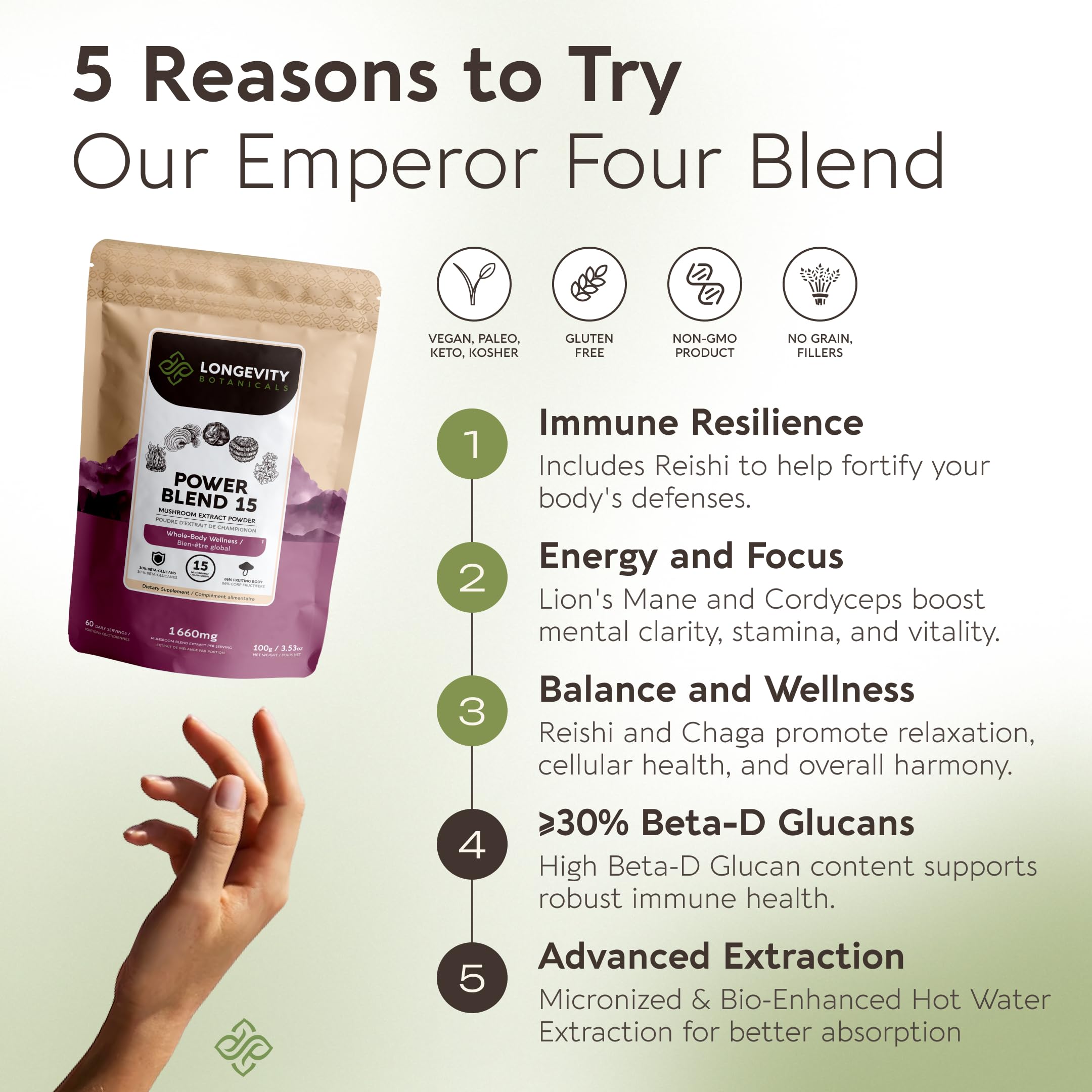 Longevity Botanicals Power 15 Mushroom Blend powder in a bowl