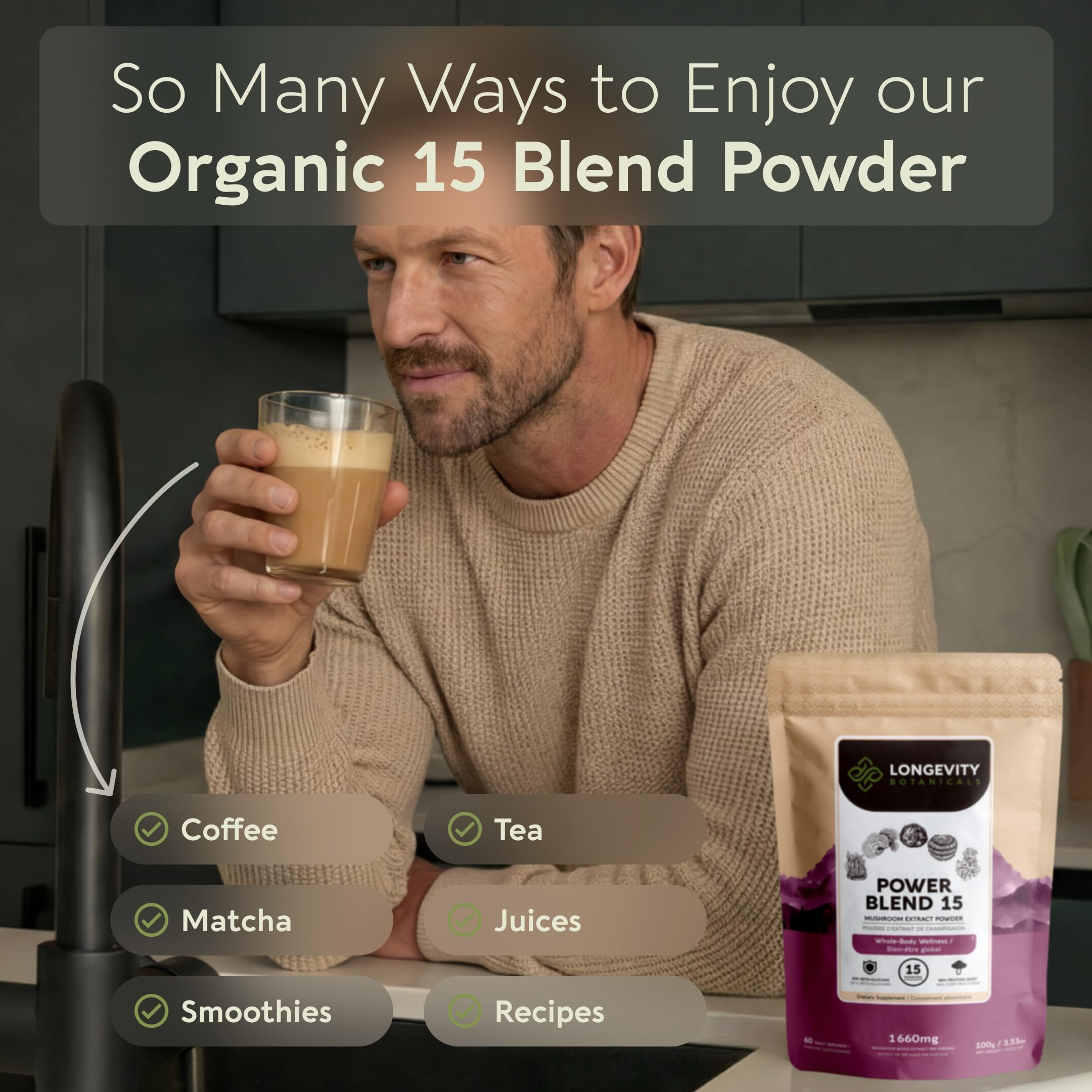 Longevity Botanicals Power 15 Mushroom Blend powder texture close-up