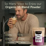 Longevity Botanicals Power 15 Mushroom Blend powder texture close-up
