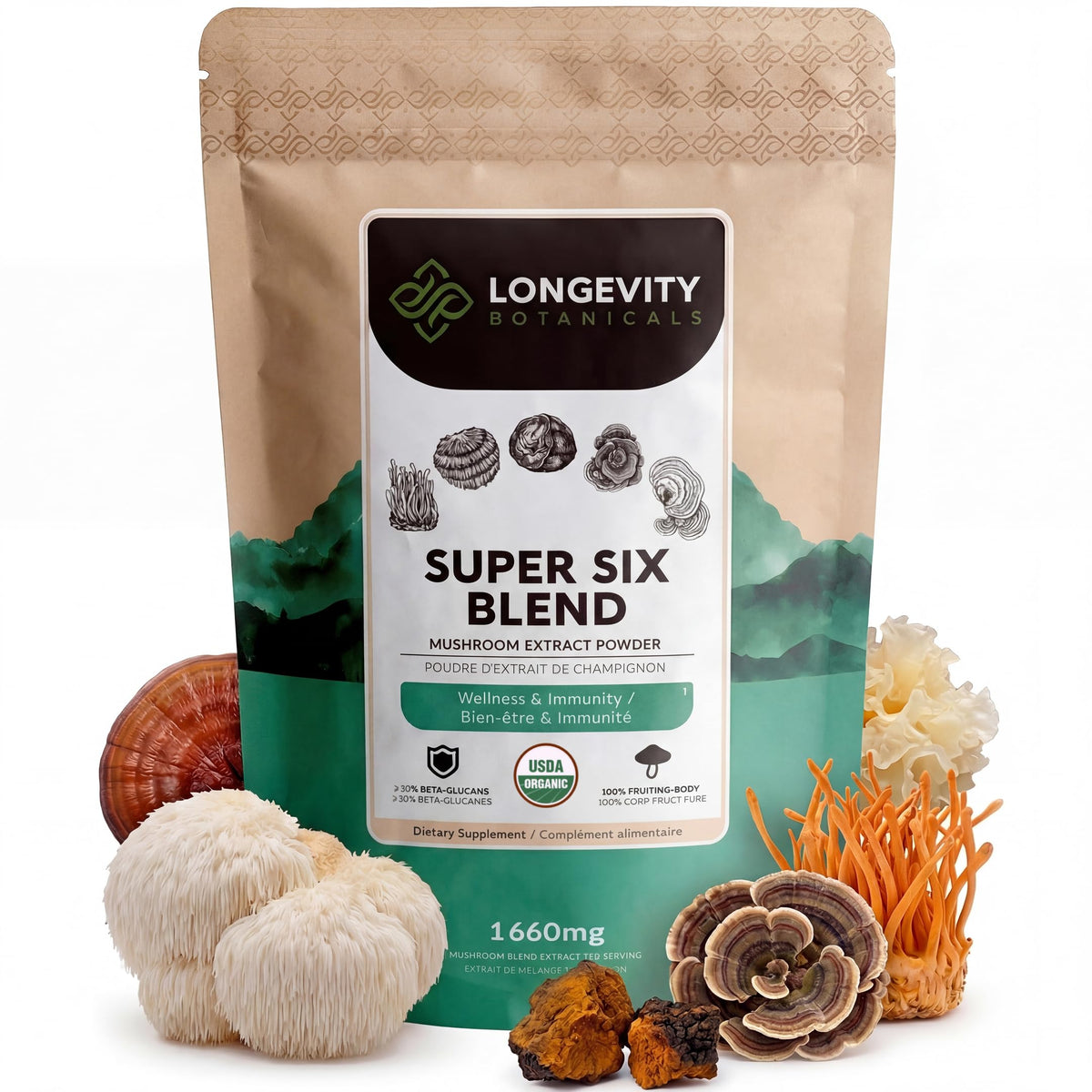 Longevity Botanicals Super Six Mushroom Blend 110g front view