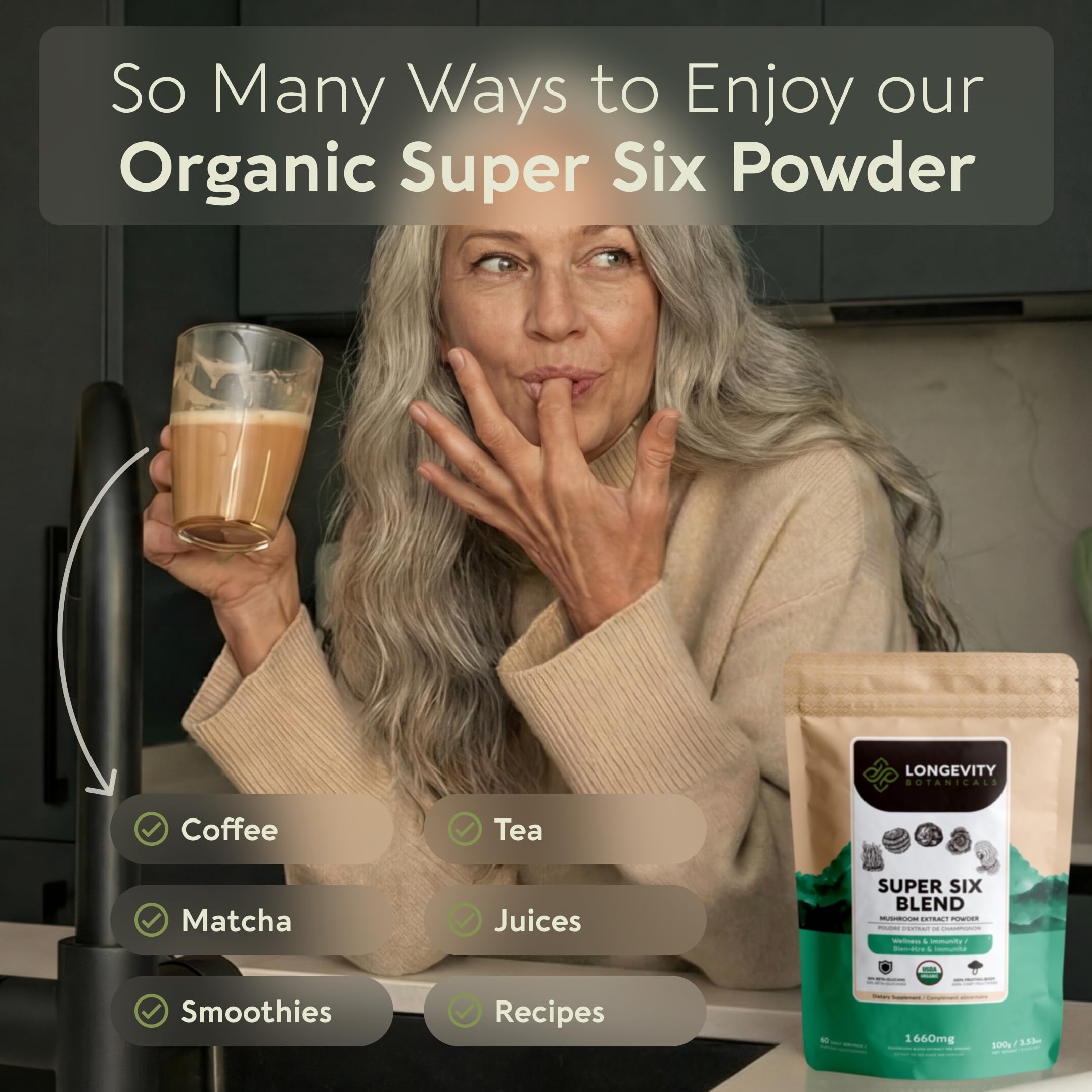 Longevity Botanicals Super Six Mushroom Blend with a measuring scoop